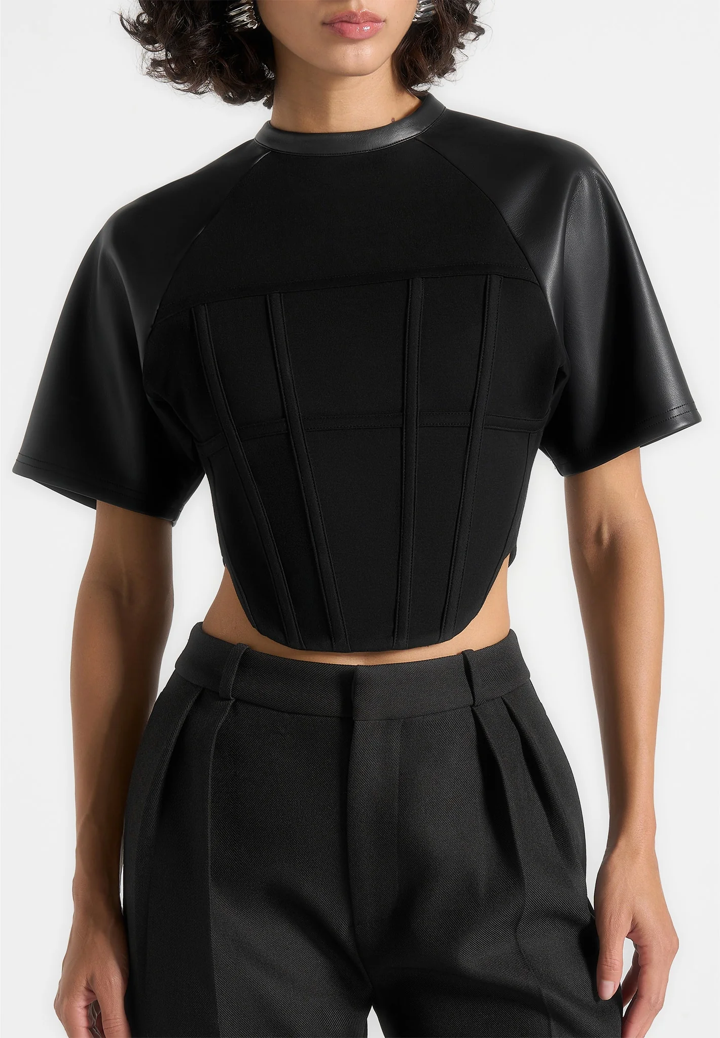 Juline - Leather Corset T-Shirt - Black - Image 3