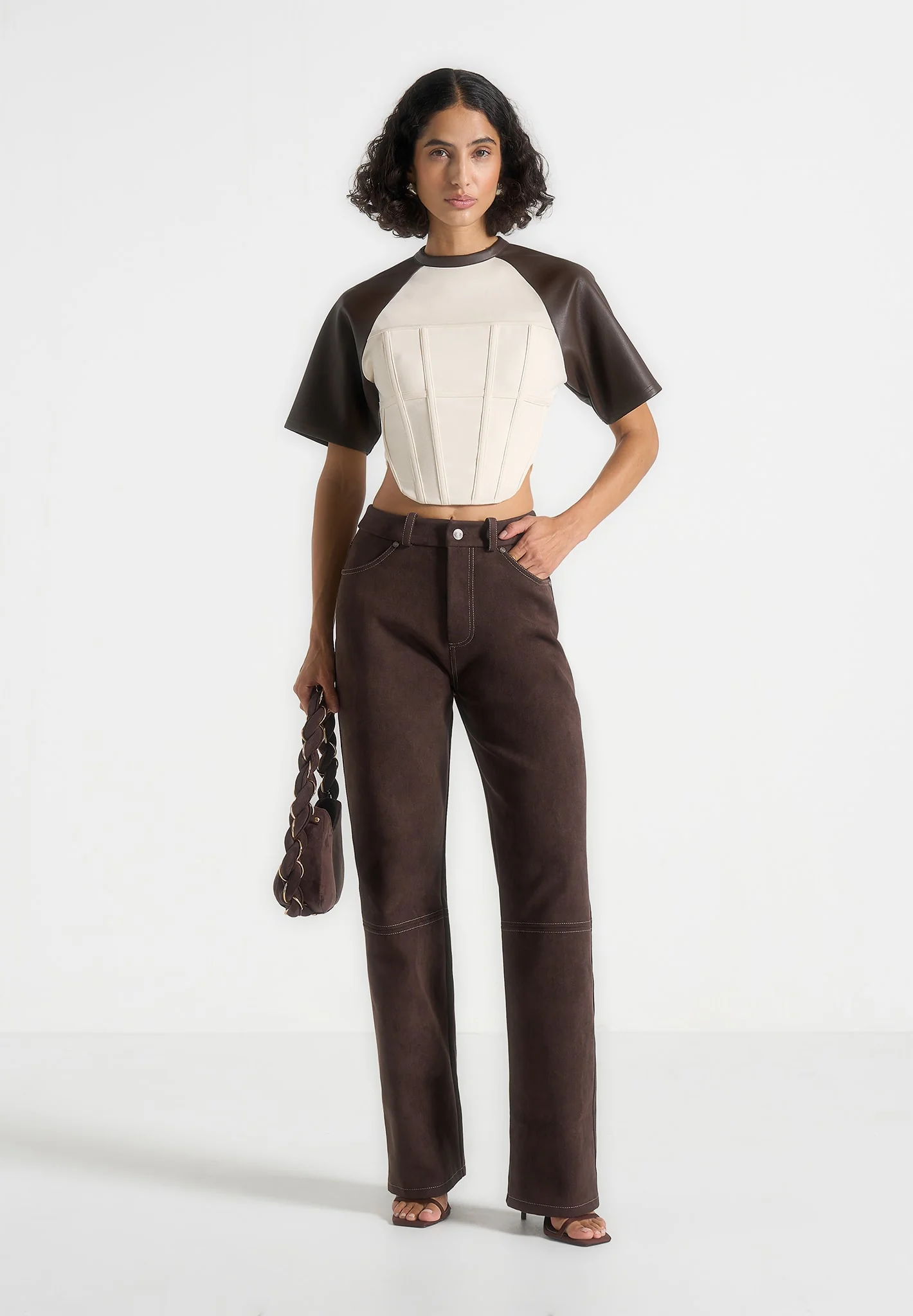 Juline - Leather Corset T-Shirt - Cream/Brown - Image 2
