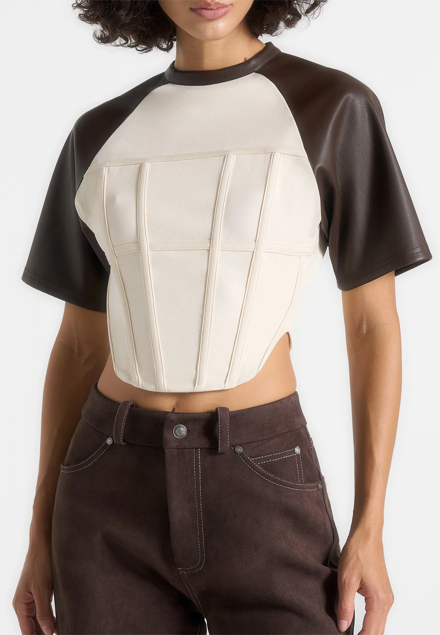 Juline - Leather Corset T-Shirt - Cream/Brown - Image 3