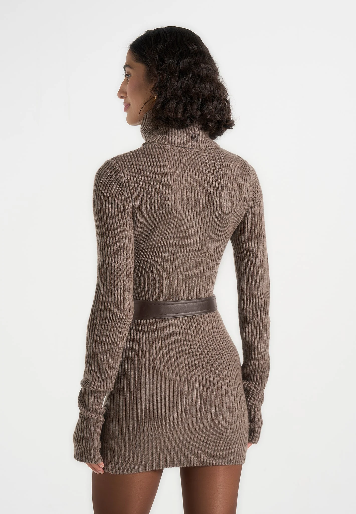Kalia - Roll Neck Knitted Mini Dress With Belt - Taupe - Image 4