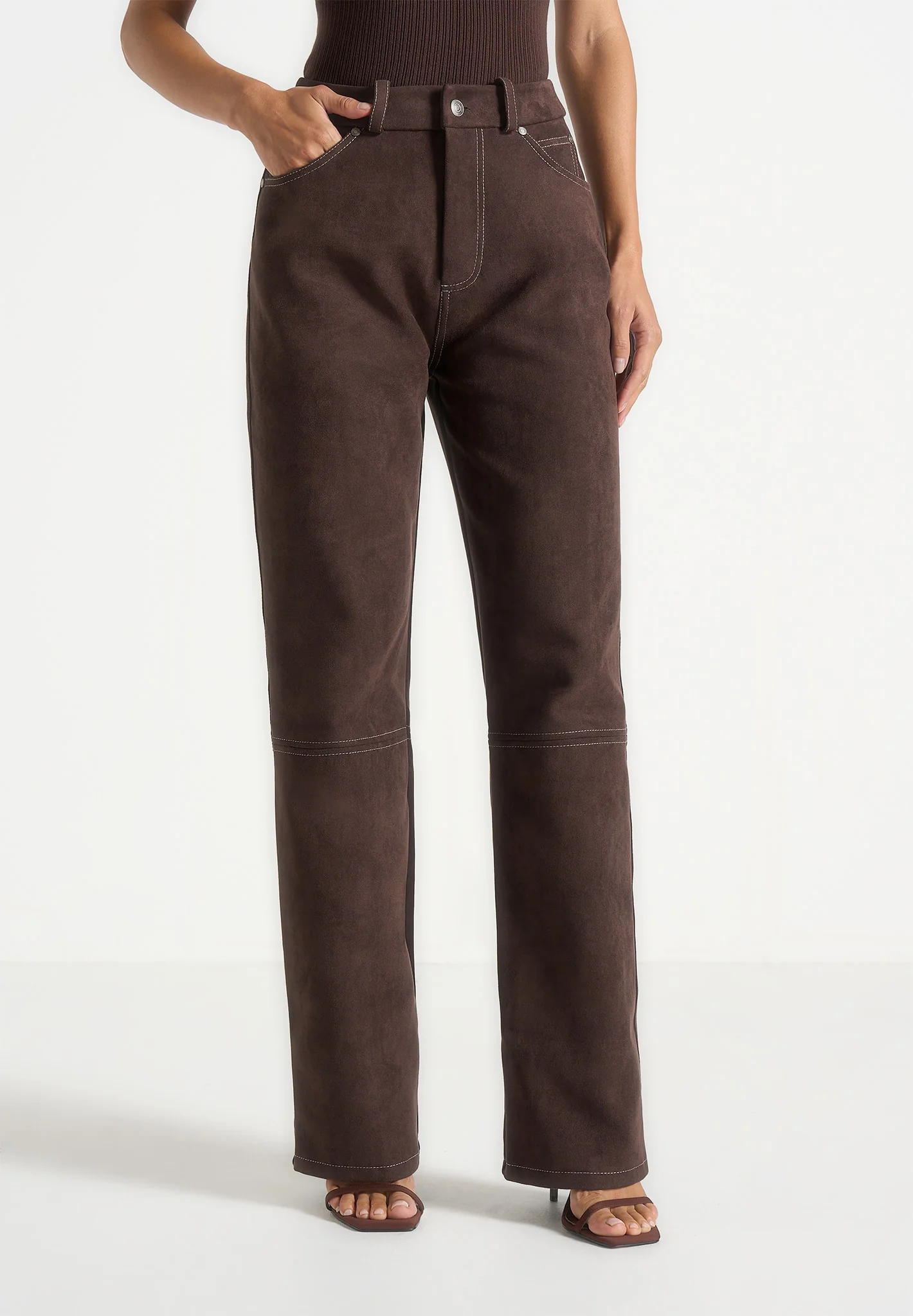 Kalie - Suede Boyfriend Jeans - Brown - Image 4
