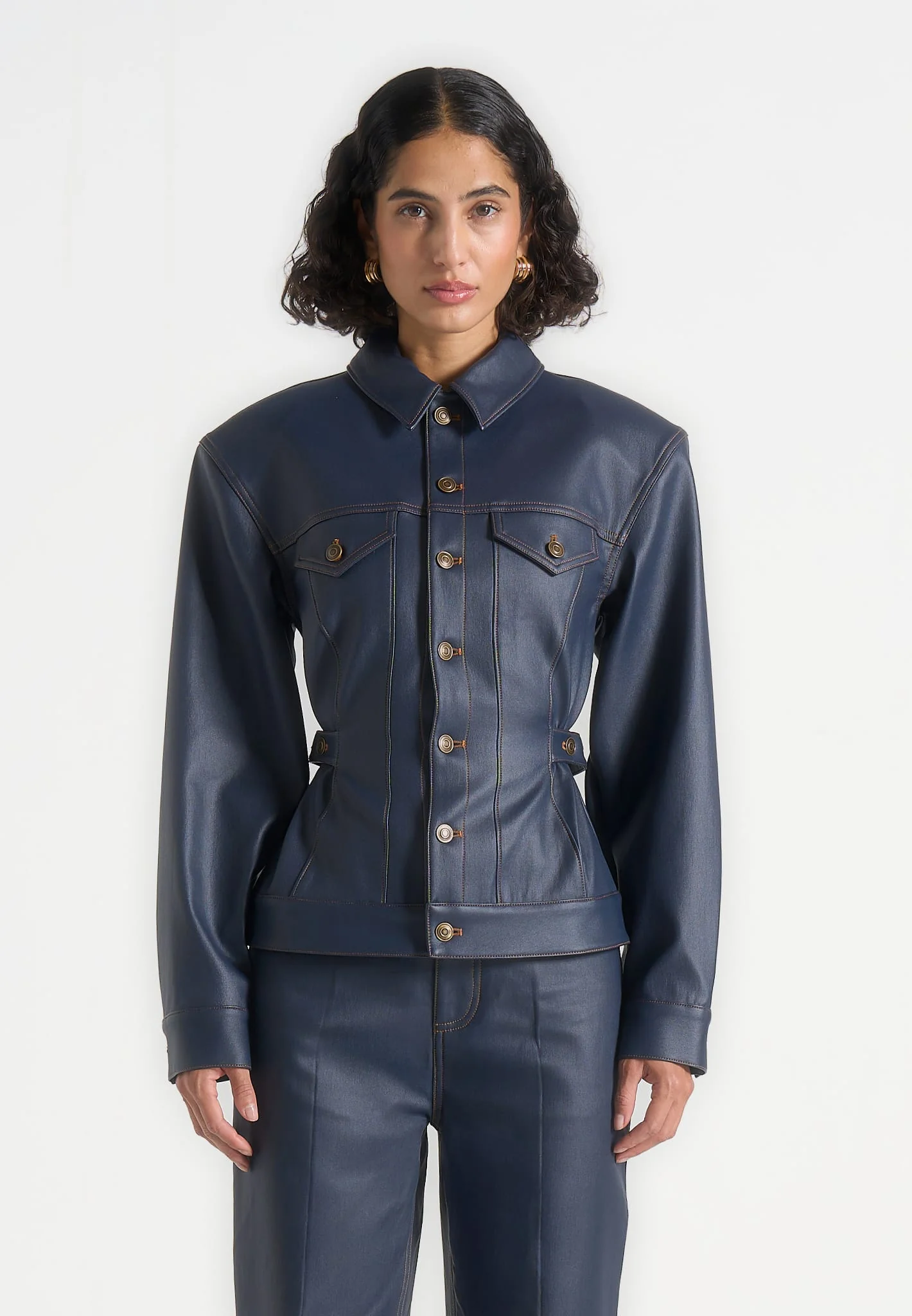 Karla - Wax Effect Cinch Waist Jacket - Indigo