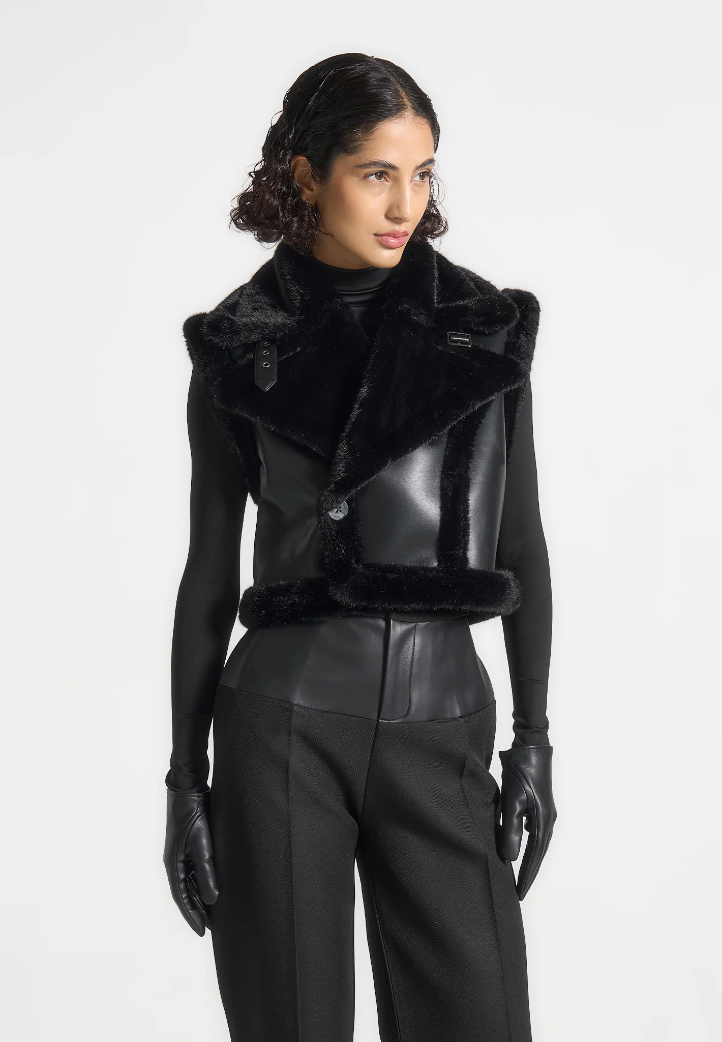 Kena - Leather & Plush 2-in-1 Gilet Jacket - Black - Image 2