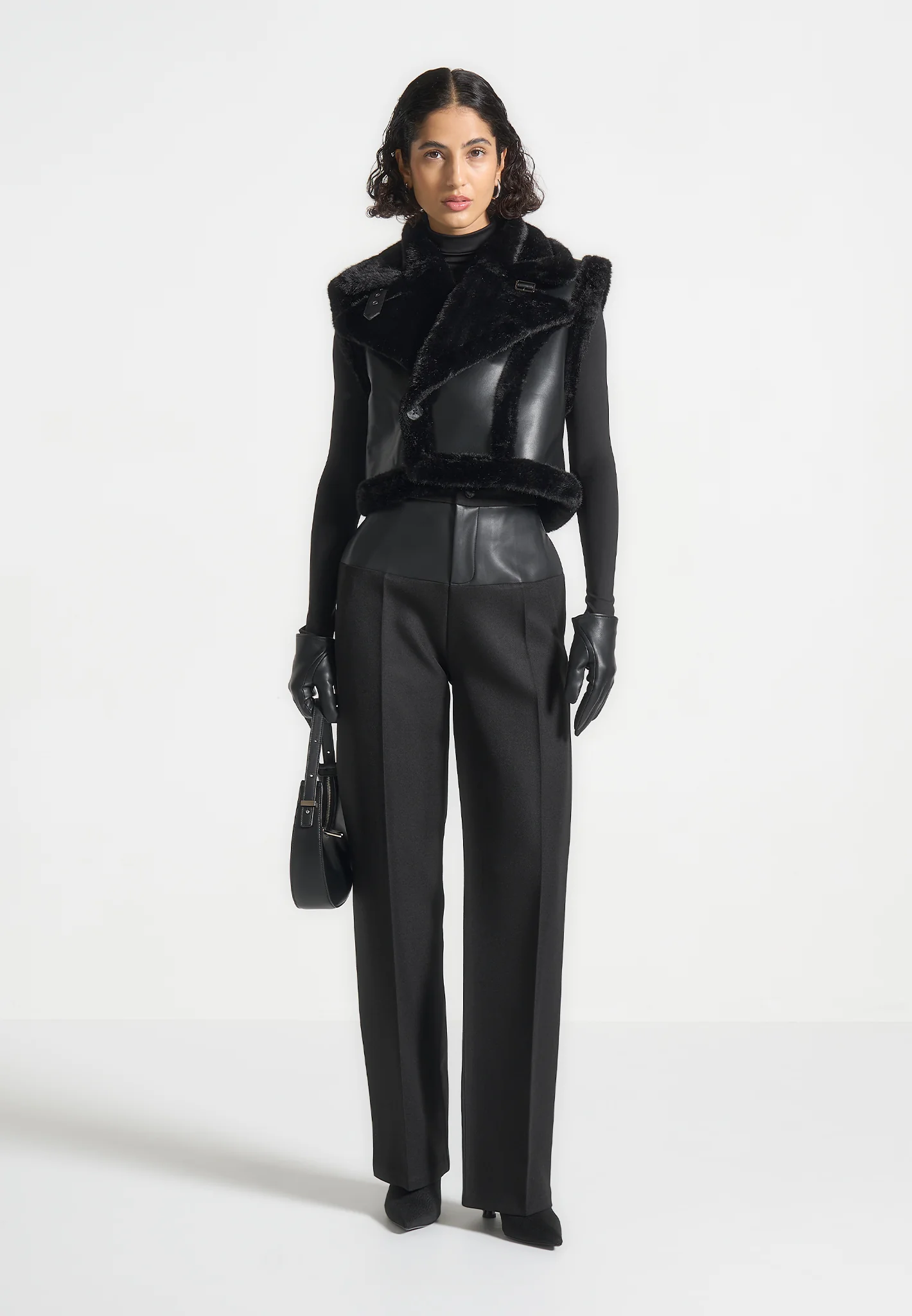 Kena - Leather & Plush 2-in-1 Gilet Jacket - Black - Image 4