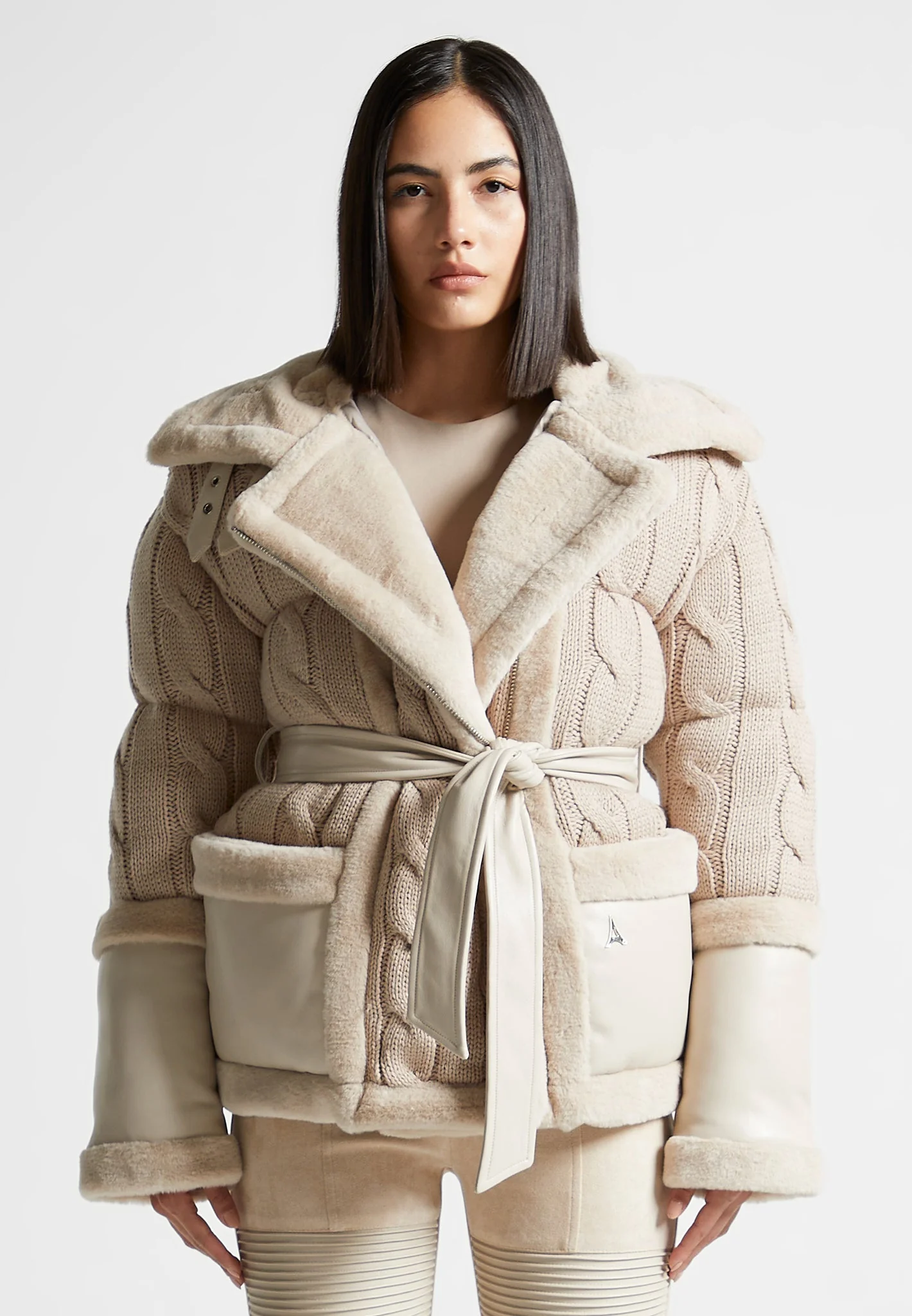 Tara - Knit and Plush Puffer Biker Jacket - Beige - Image 2