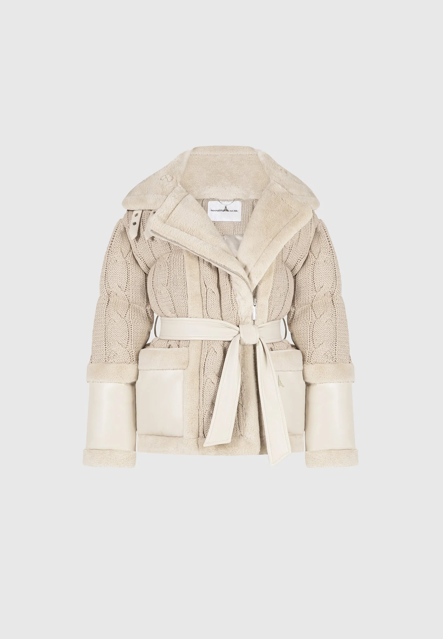 Tara - Knit and Plush Puffer Biker Jacket - Beige - Image 3
