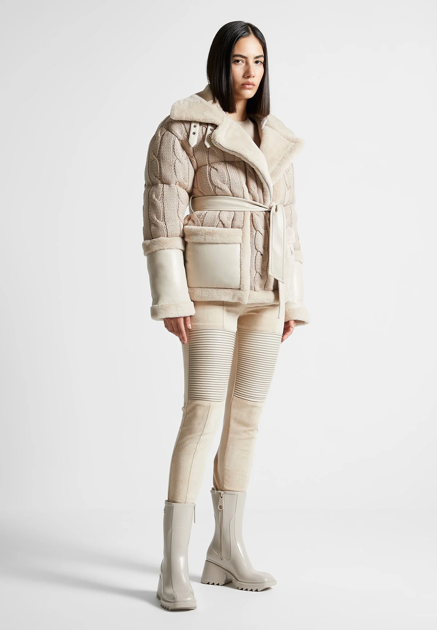 Tara - Knit and Plush Puffer Biker Jacket - Beige - Image 4