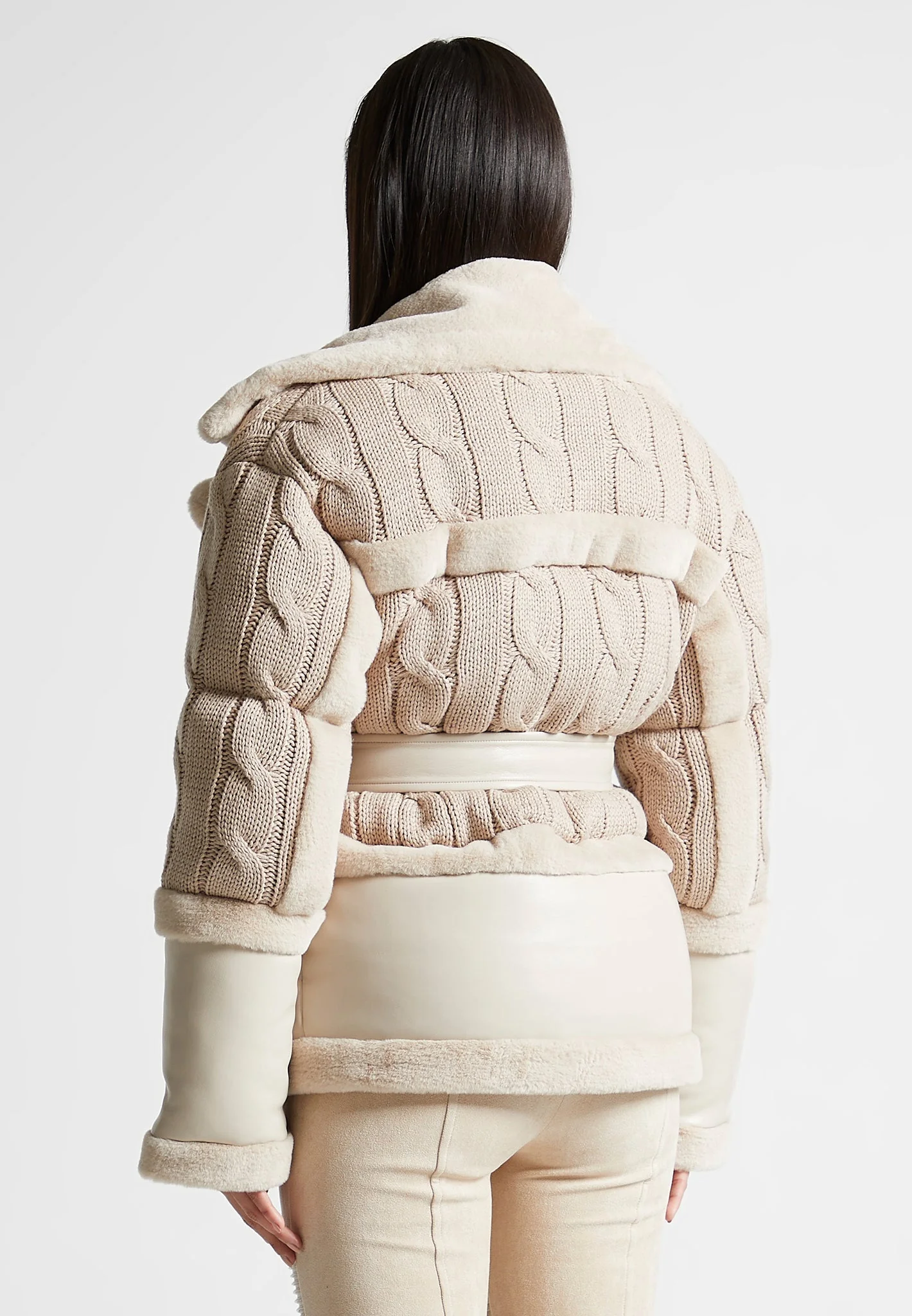 Tara - Knit and Plush Puffer Biker Jacket - Beige - Image 5
