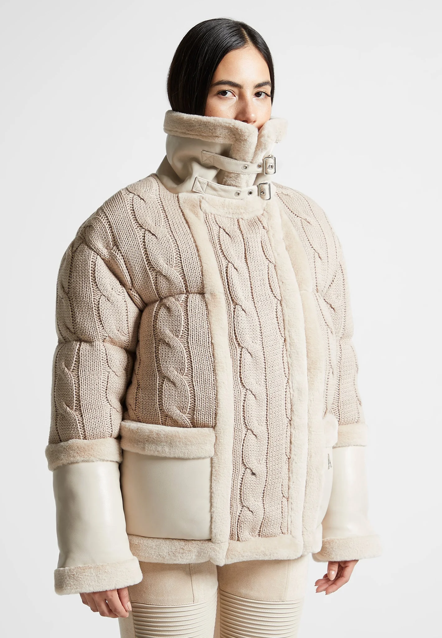 Tara - Knit and Plush Puffer Biker Jacket - Beige - Image 6