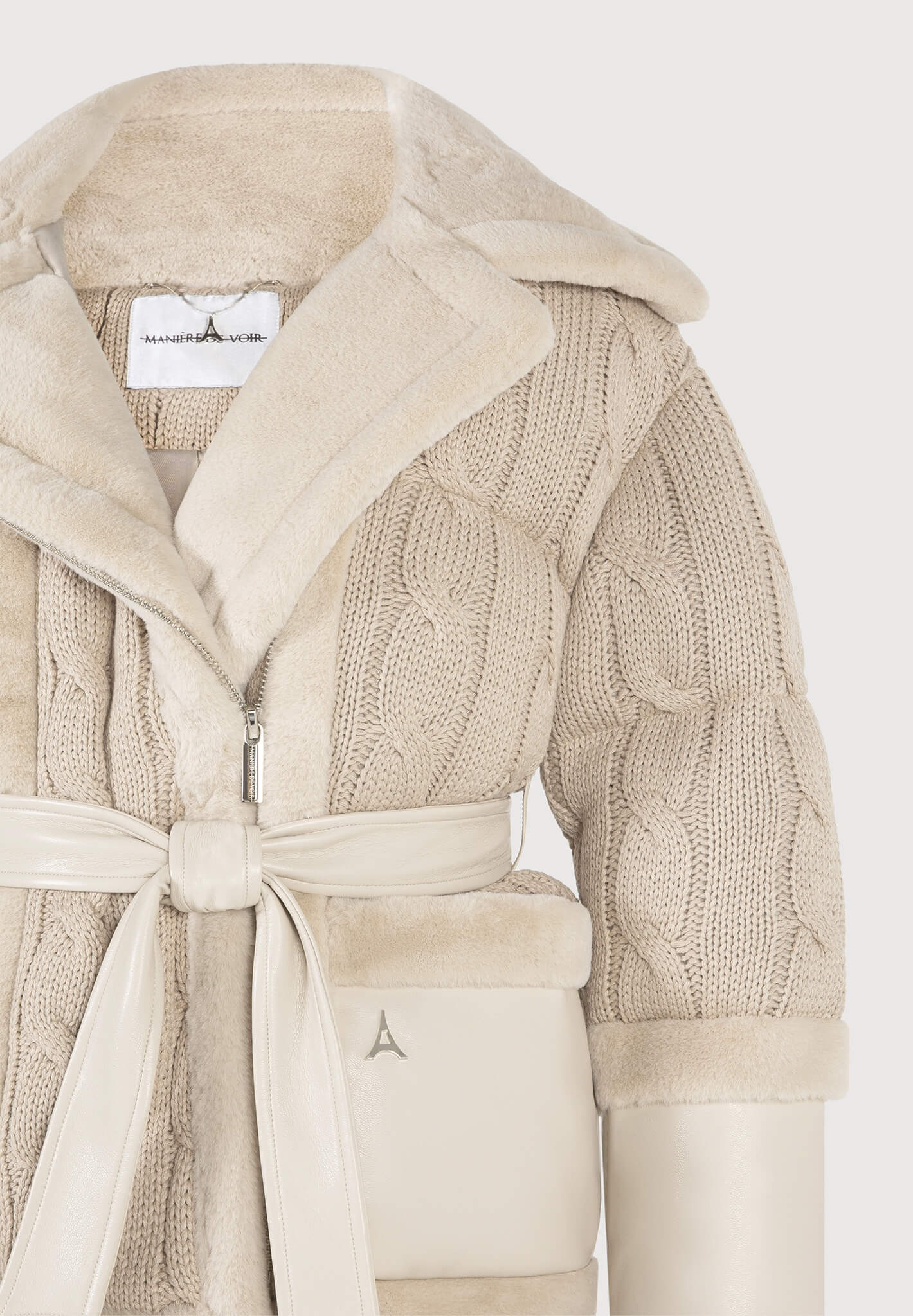 Tara - Knit and Plush Puffer Biker Jacket - Beige - Image 7