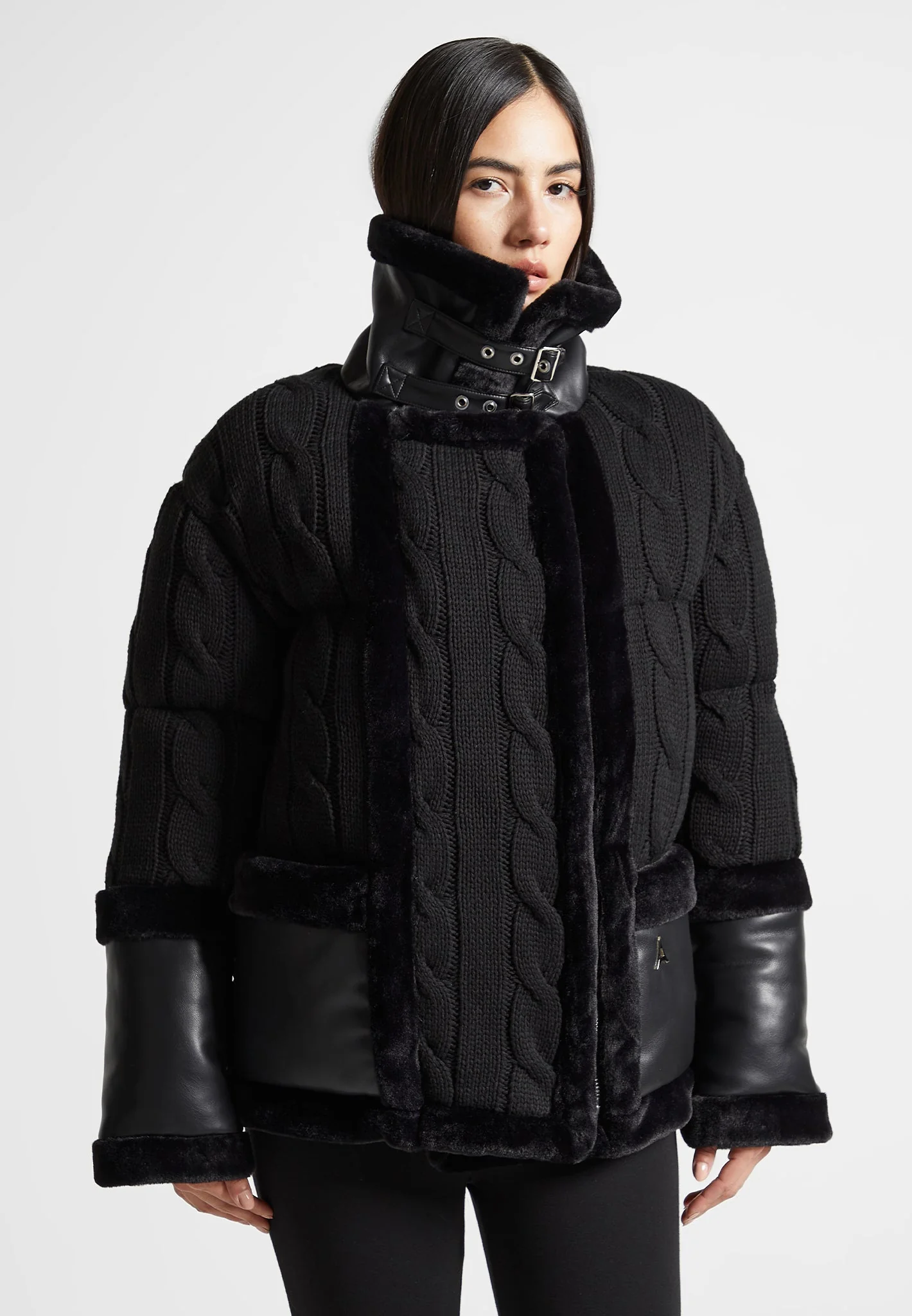 Tara - Knit and Plush Puffer Biker Jacket - Black - Image 2