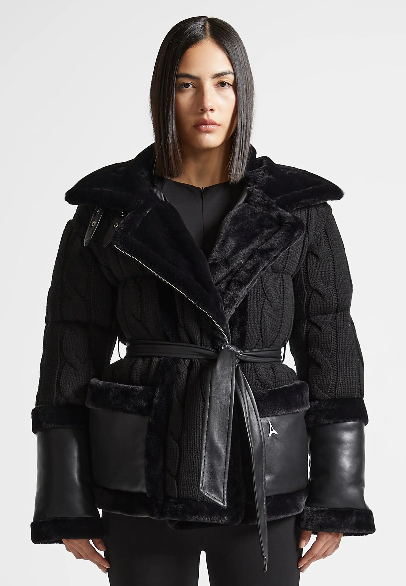 Tara - Knit and Plush Puffer Biker Jacket - Black - Image 3
