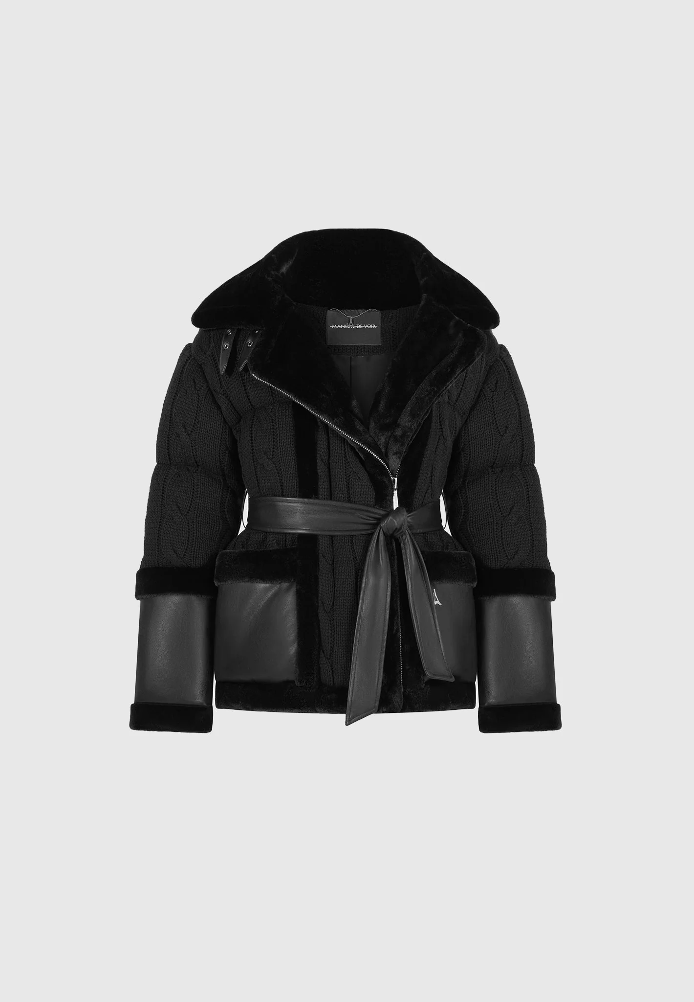 Tara - Knit and Plush Puffer Biker Jacket - Black - Image 4