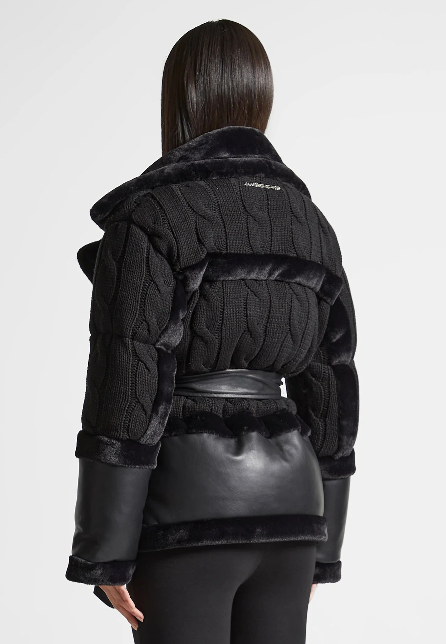 Tara - Knit and Plush Puffer Biker Jacket - Black - Image 5