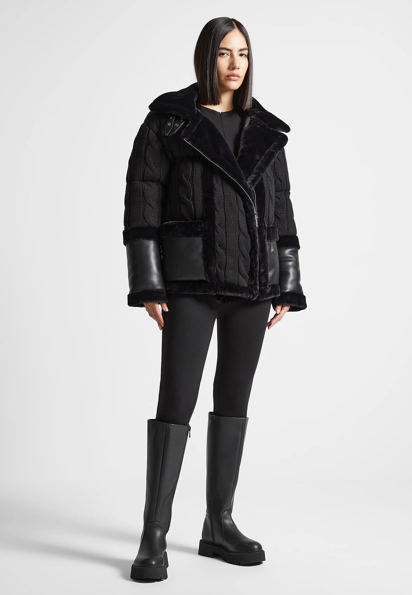 Tara - Knit and Plush Puffer Biker Jacket - Black - Image 6