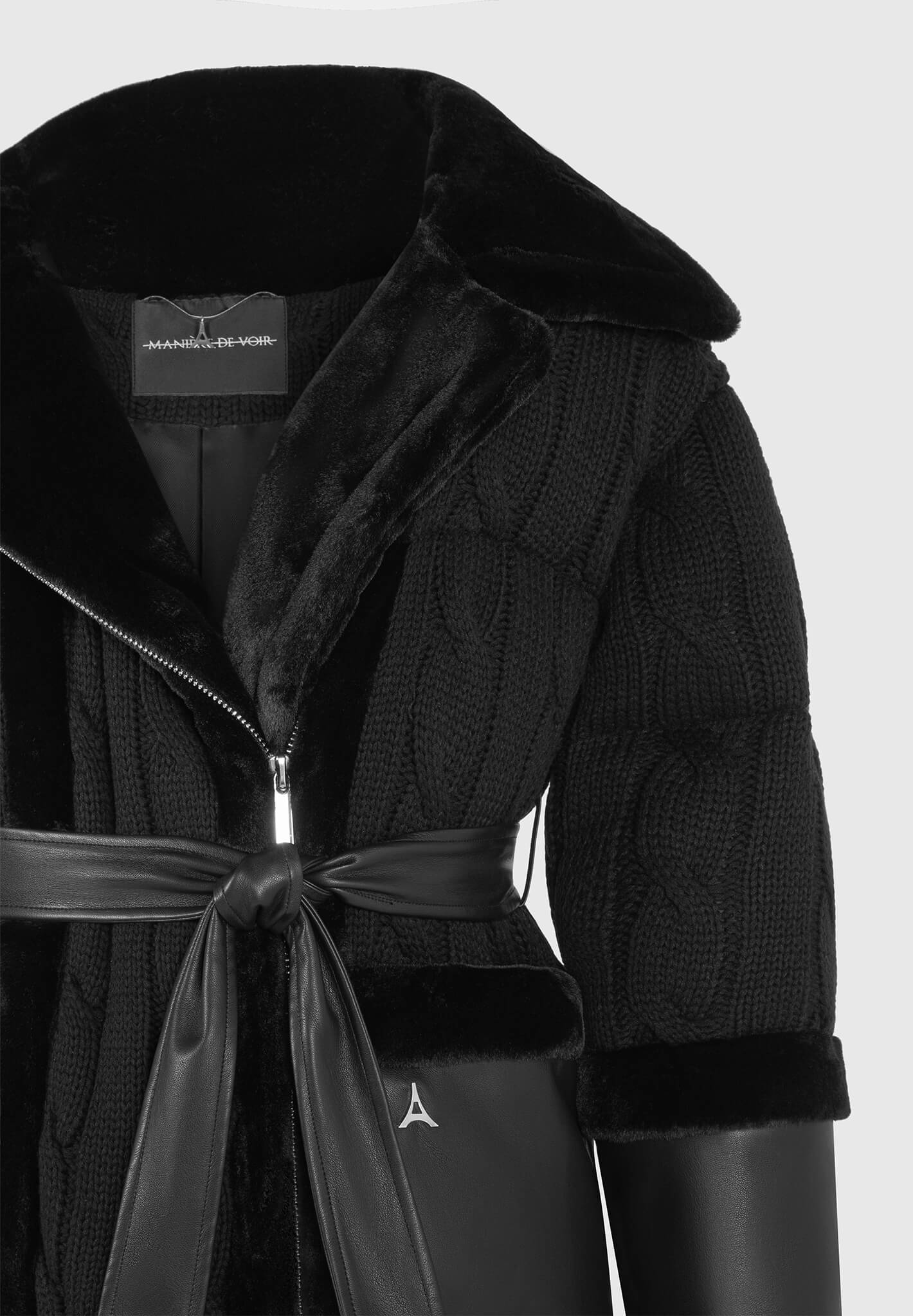 Tara - Knit and Plush Puffer Biker Jacket - Black - Image 7