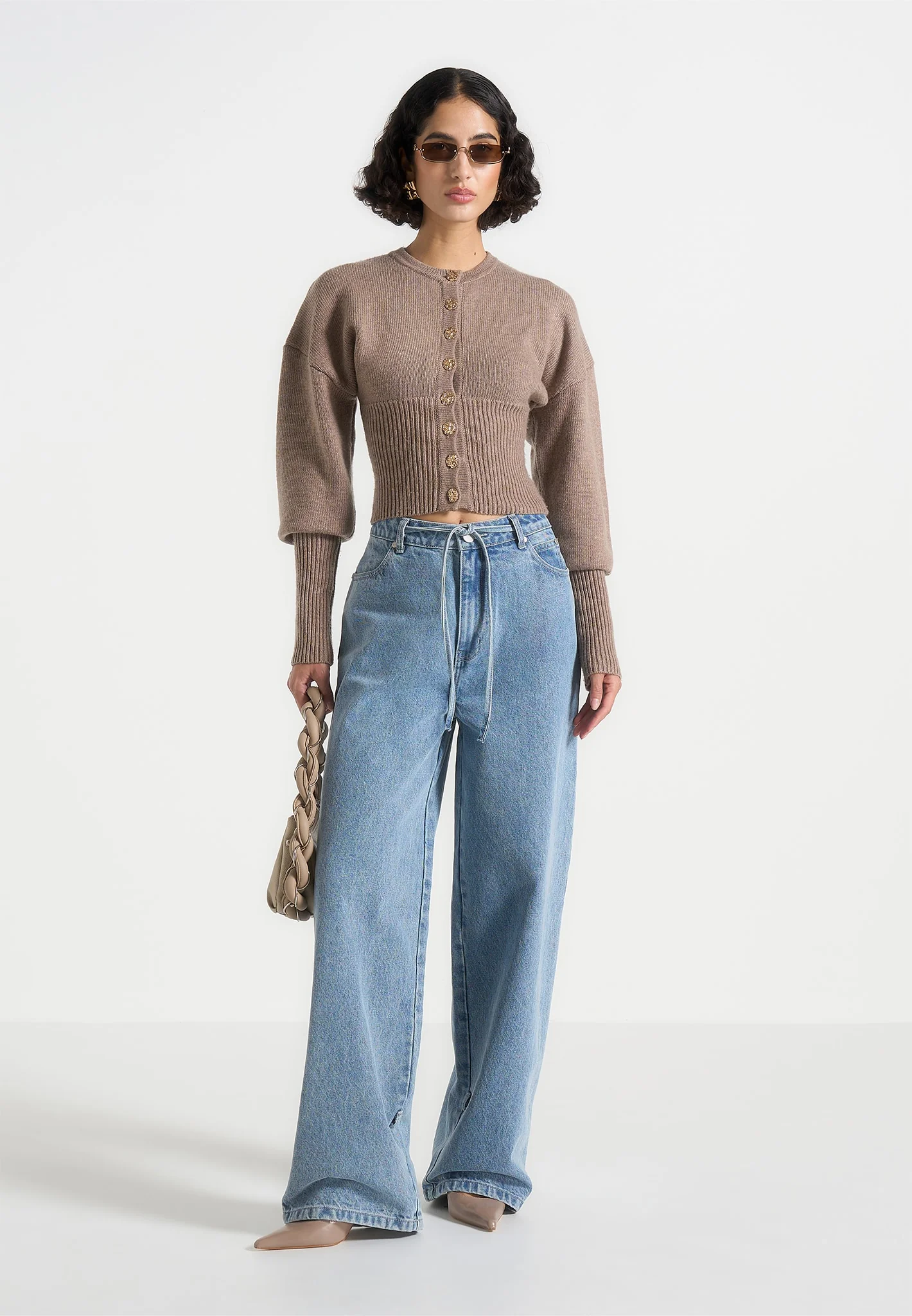 Knitted Cinch Waist Cardigan - Taupe - Image 2