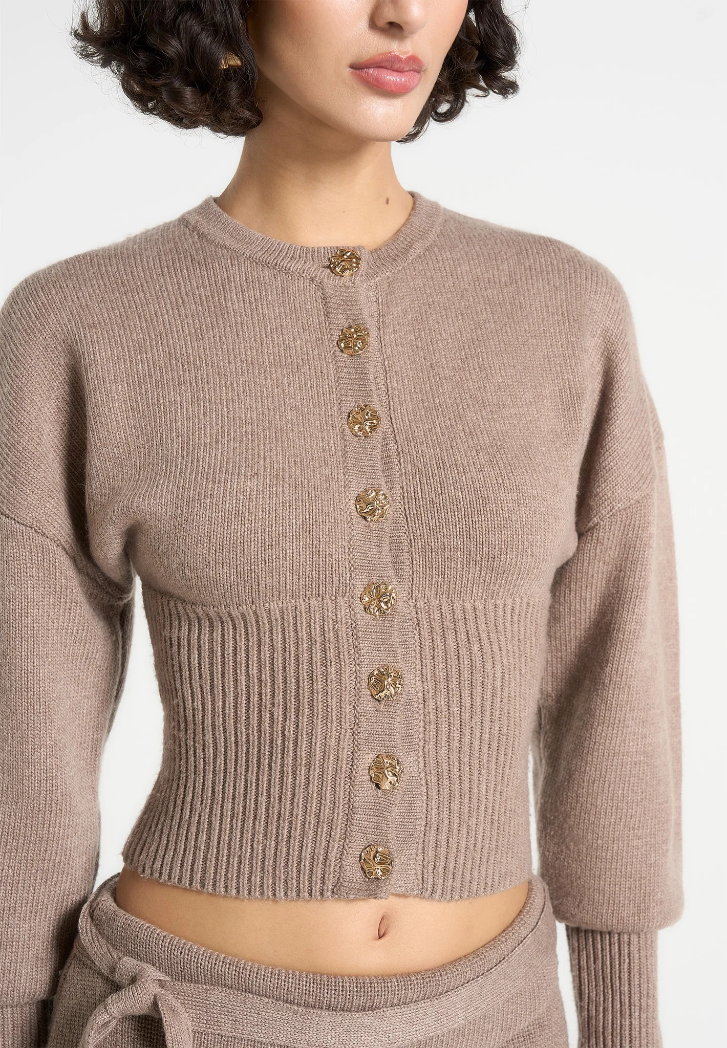 Knitted Cinch Waist Cardigan - Taupe - Image 3
