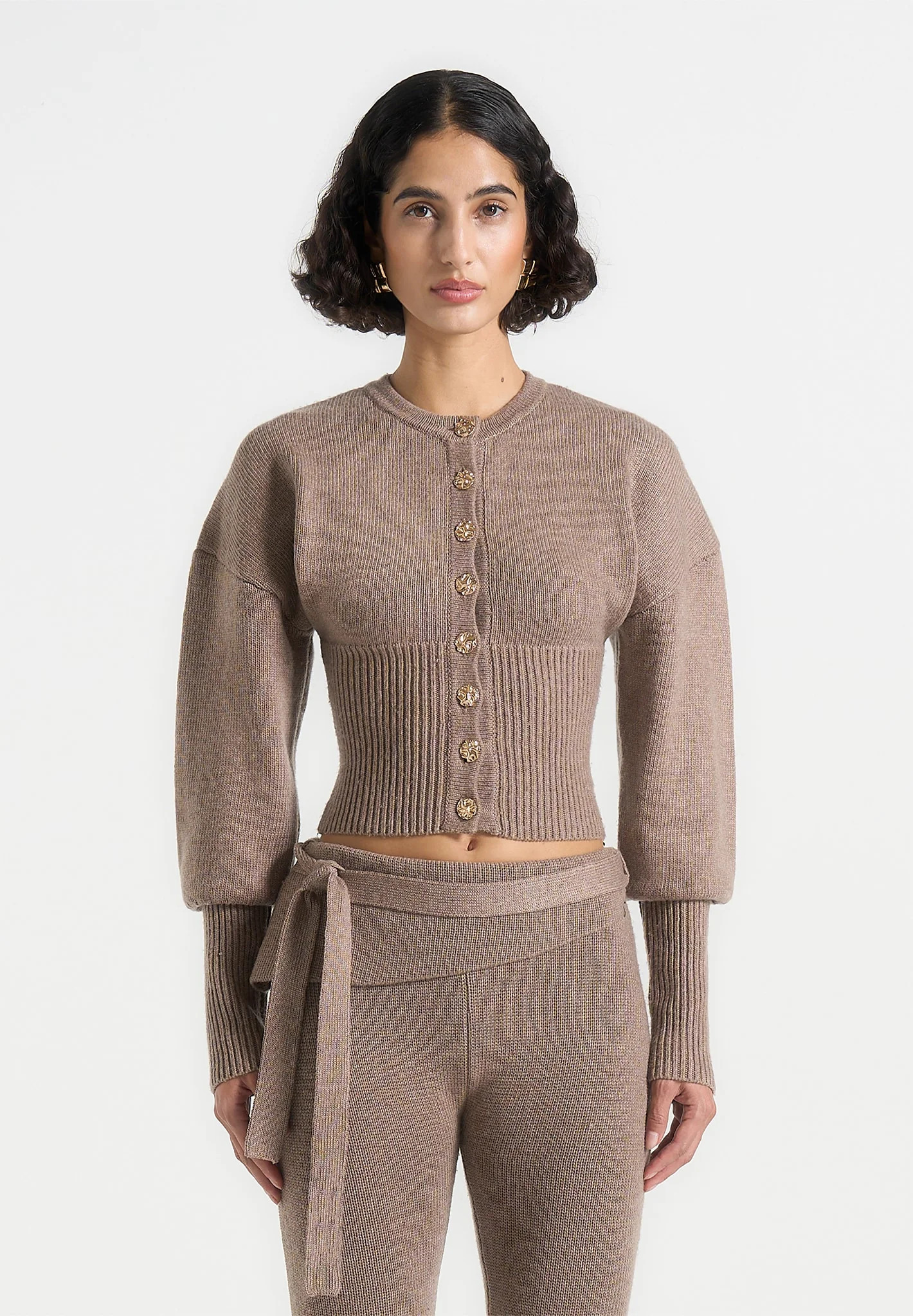 Knitted Cinch Waist Cardigan - Taupe - Image 5