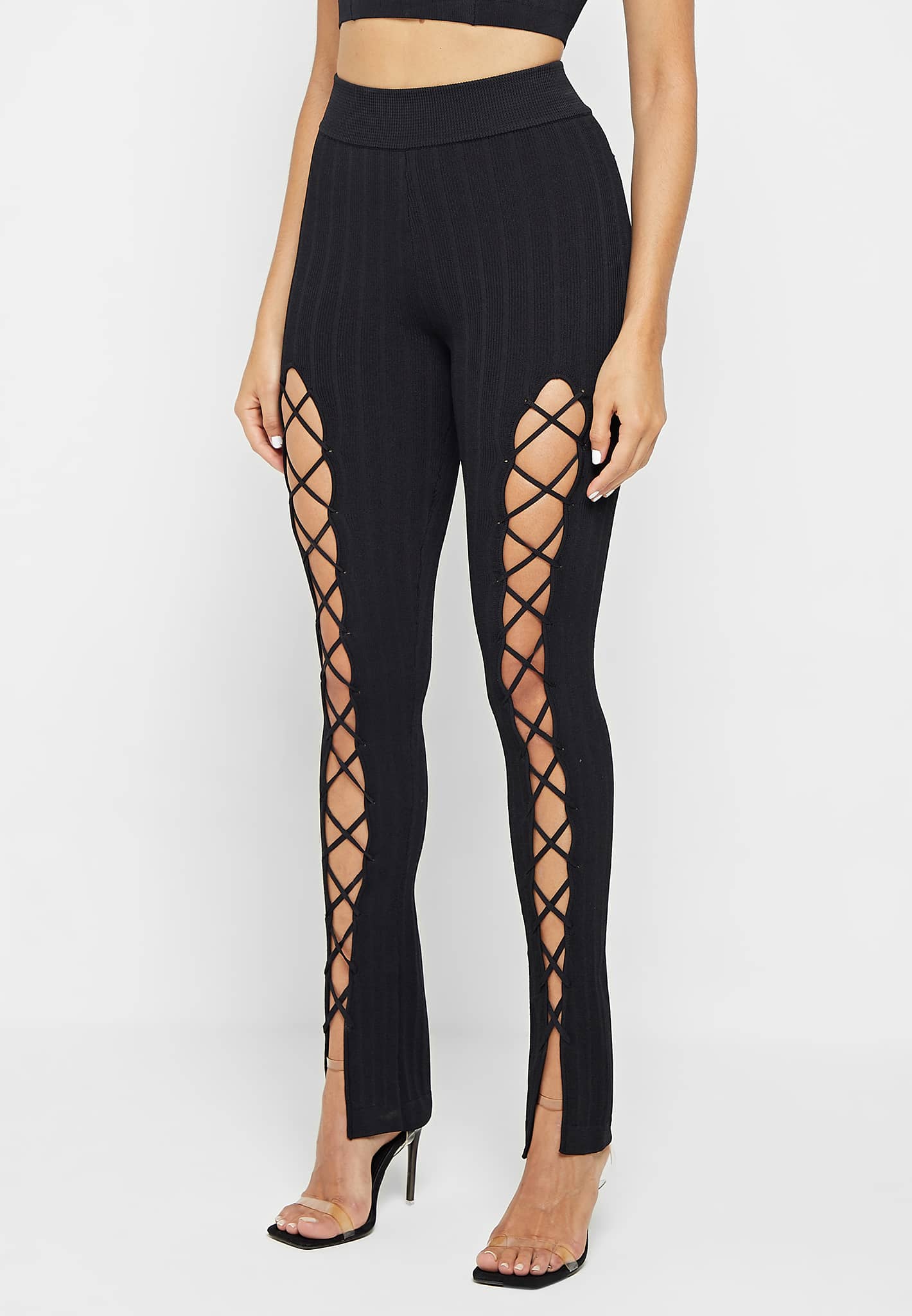 Knitted Lace Up Leggings - Black - Image 3