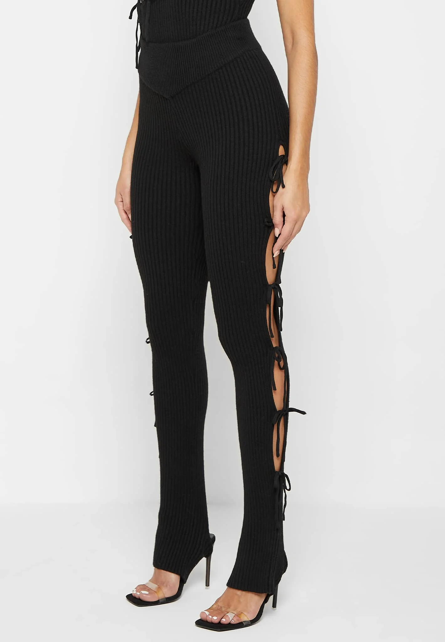 Knitted Lace Up Leggings with Stirrups - Black - Image 3