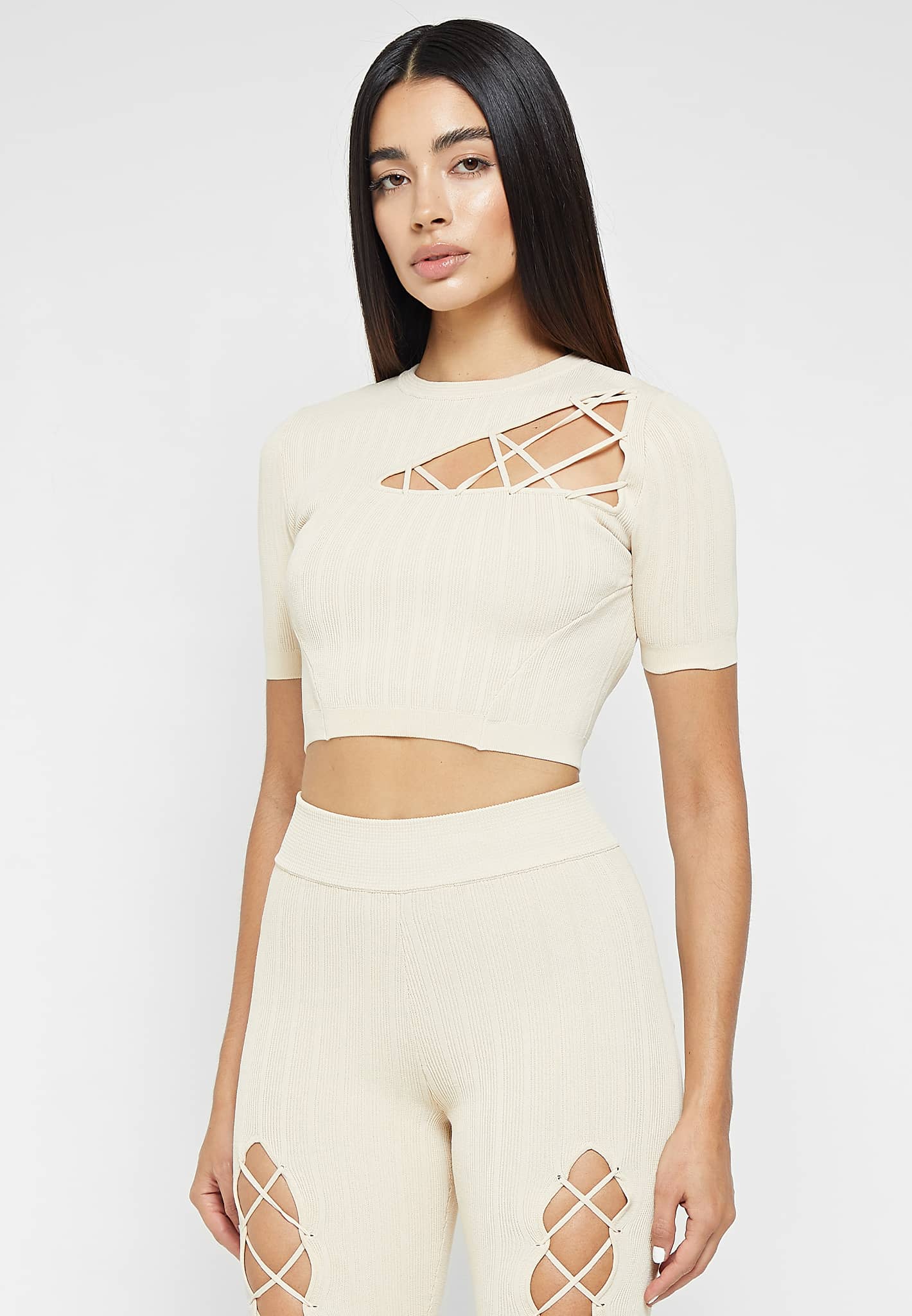 Knitted Lace Up Top - Beige - Image 3