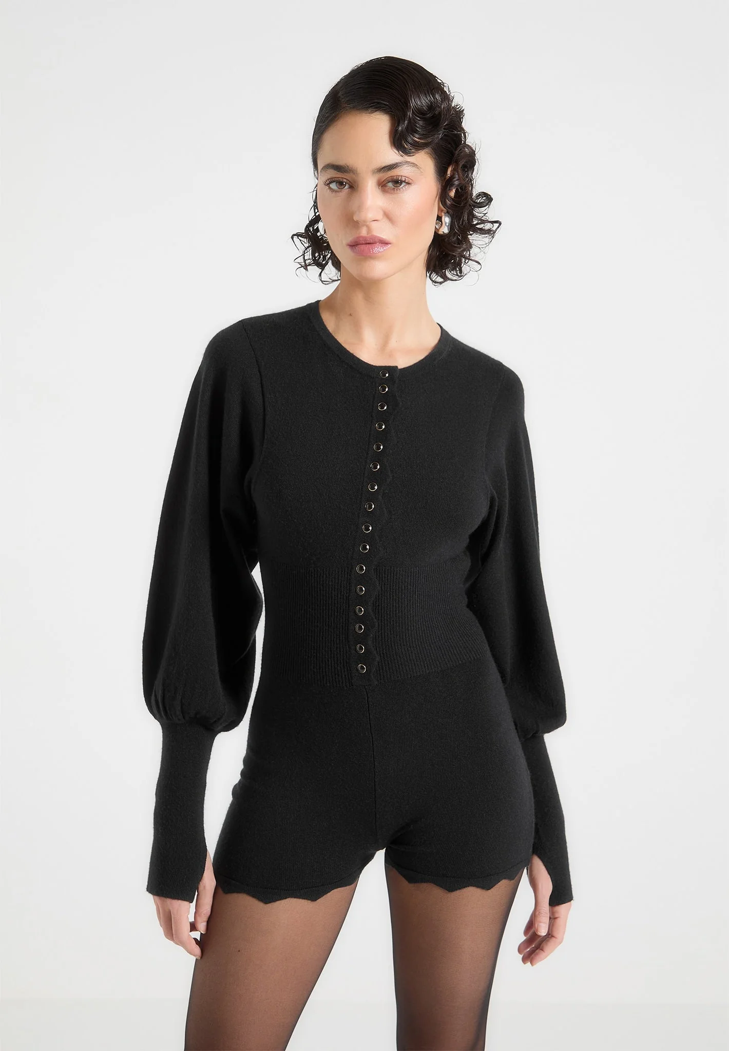 Michele - Knitted Scallop Hem Playsuit - Black - Image 2