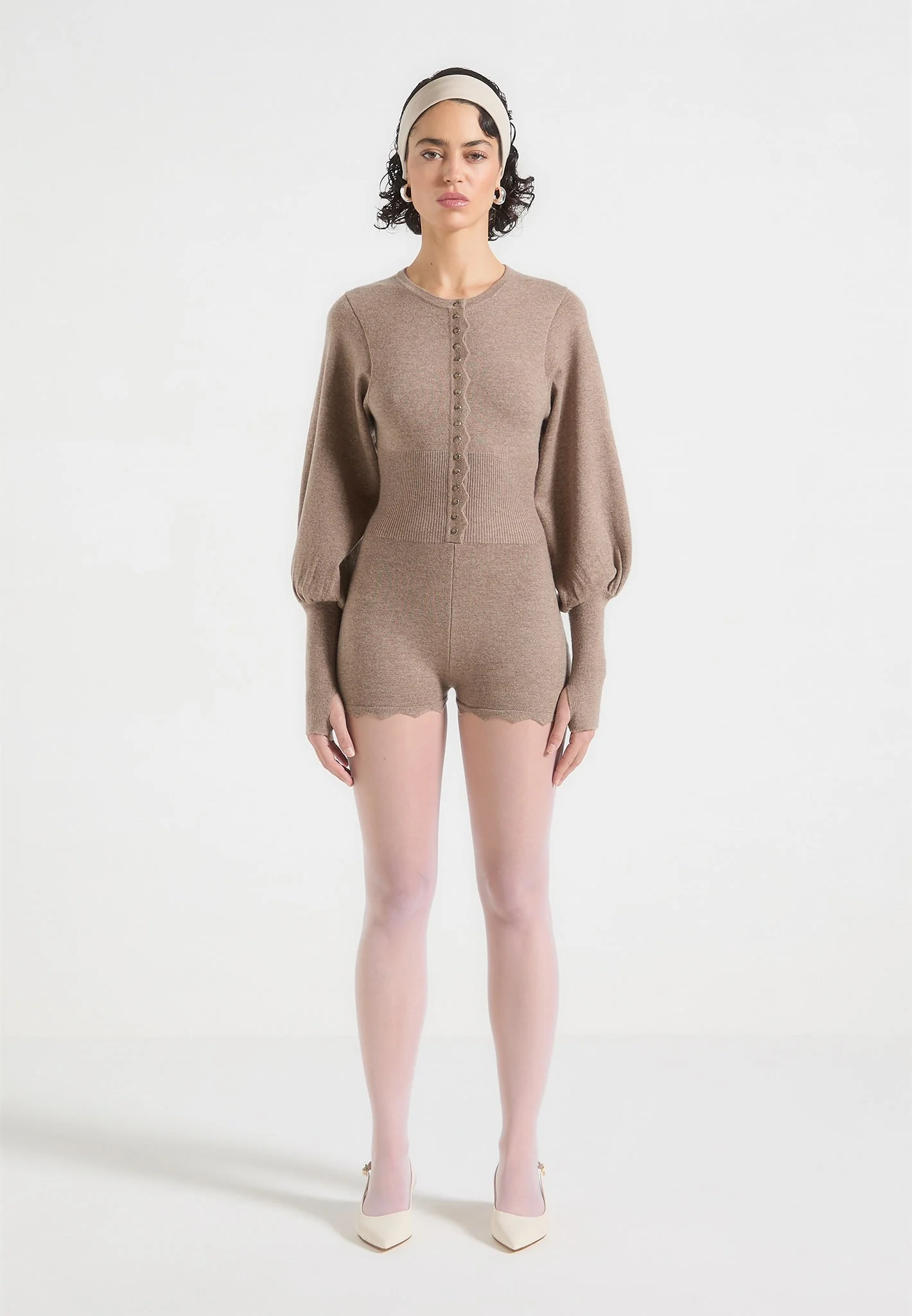 Michele - Knitted Scallop Hem Playsuit - Taupe - Image 4