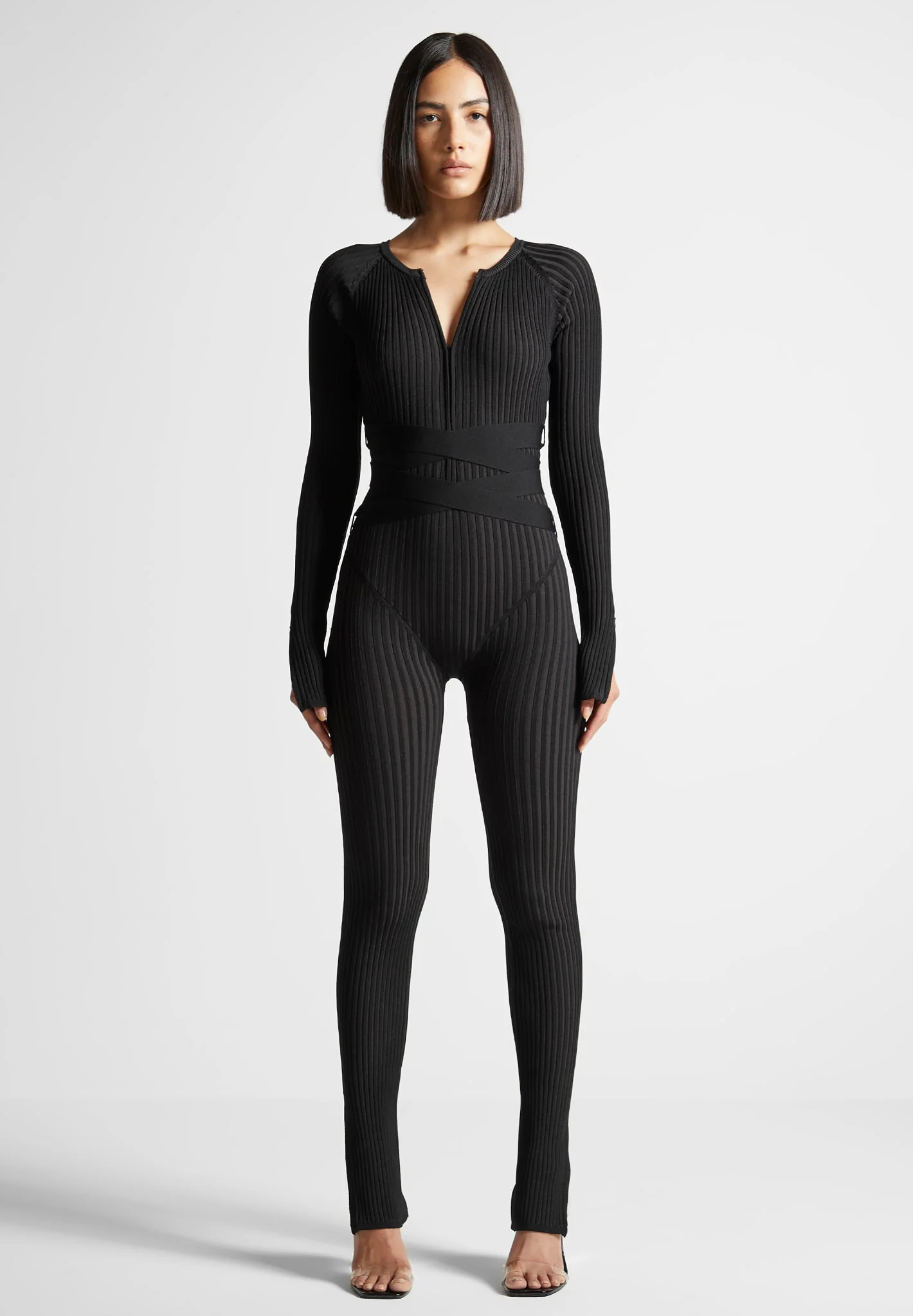 Knitted Two Tone Jumpsuit with Belt - Black - Image 2