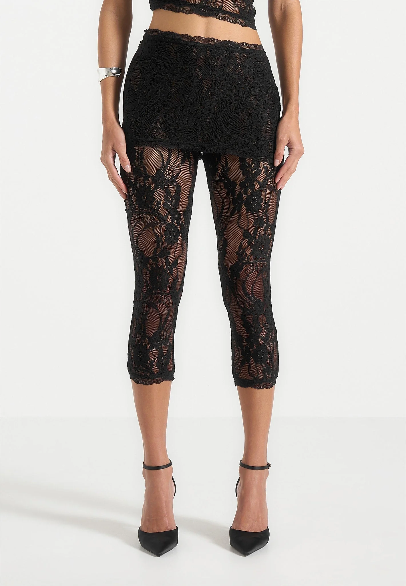 Aimee - Lace Asymmetric Capri Leggings - Black - Image 6