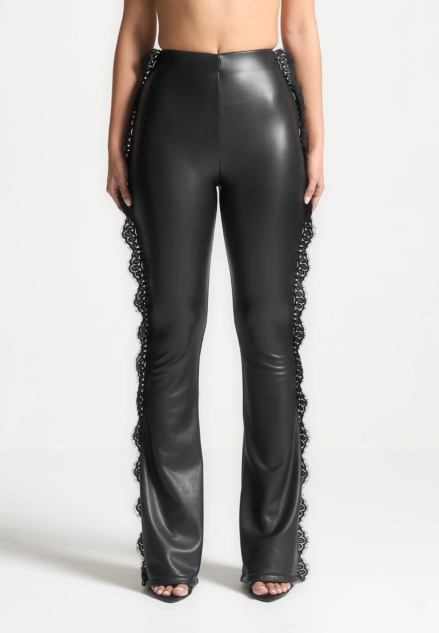 Lace Trim Leather Fit and Flare Leggings - Black - Image 3