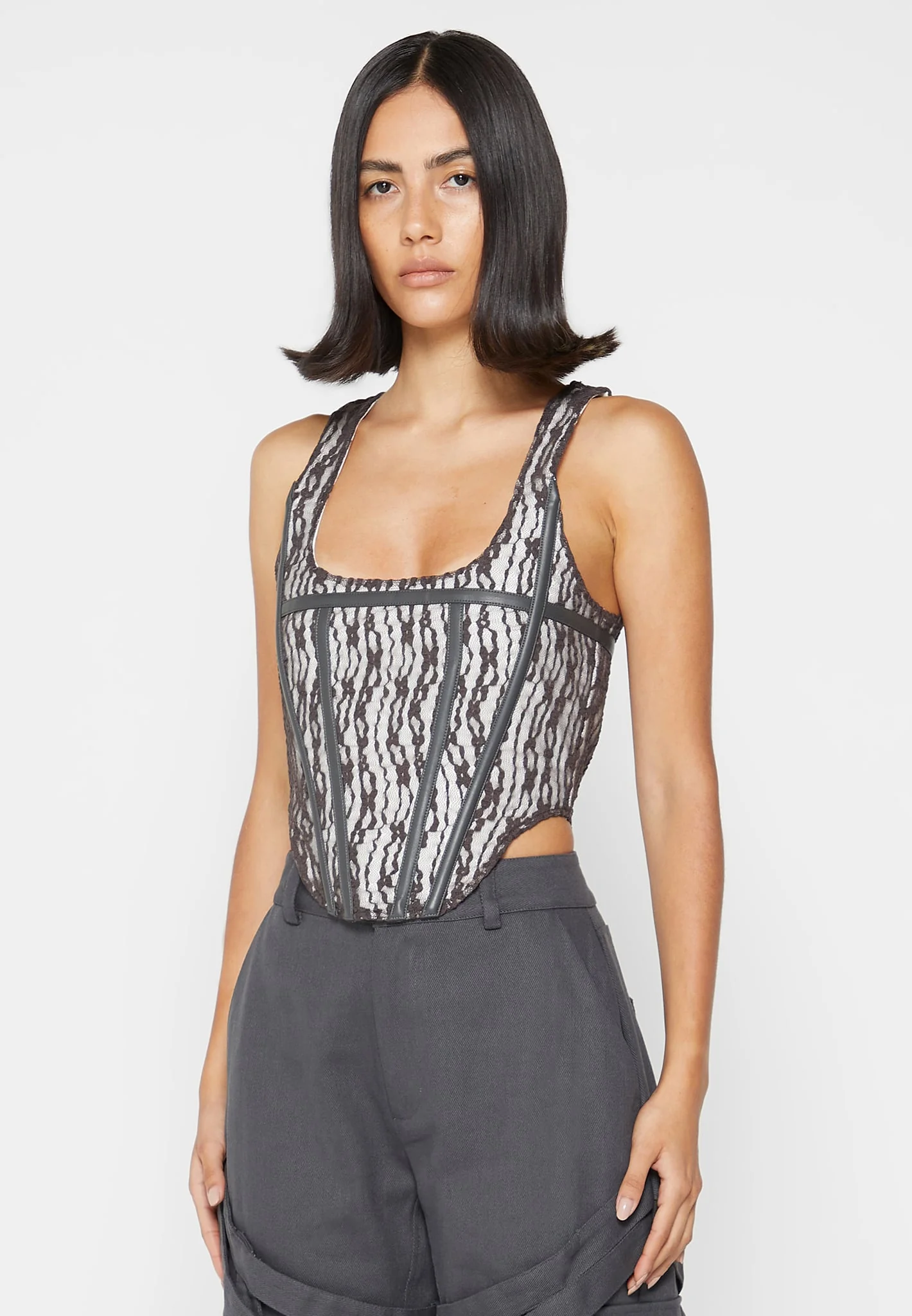 Lace with Leather Corset Top - Grey - Image 5