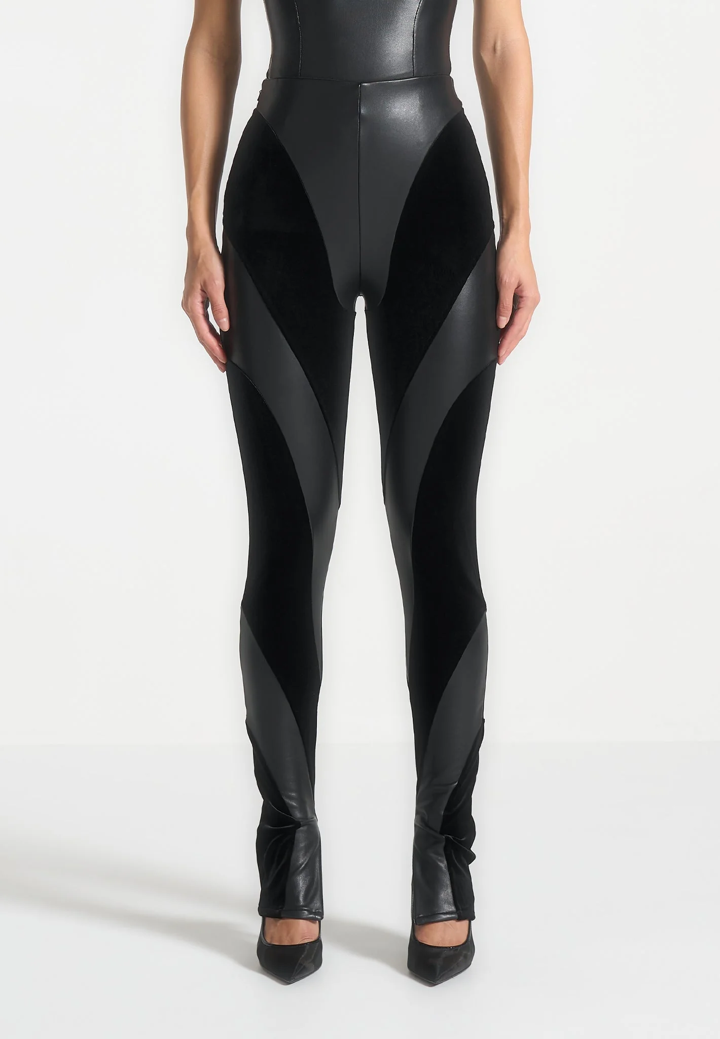 Leather and Velour Contour Leggings - Black - Image 4