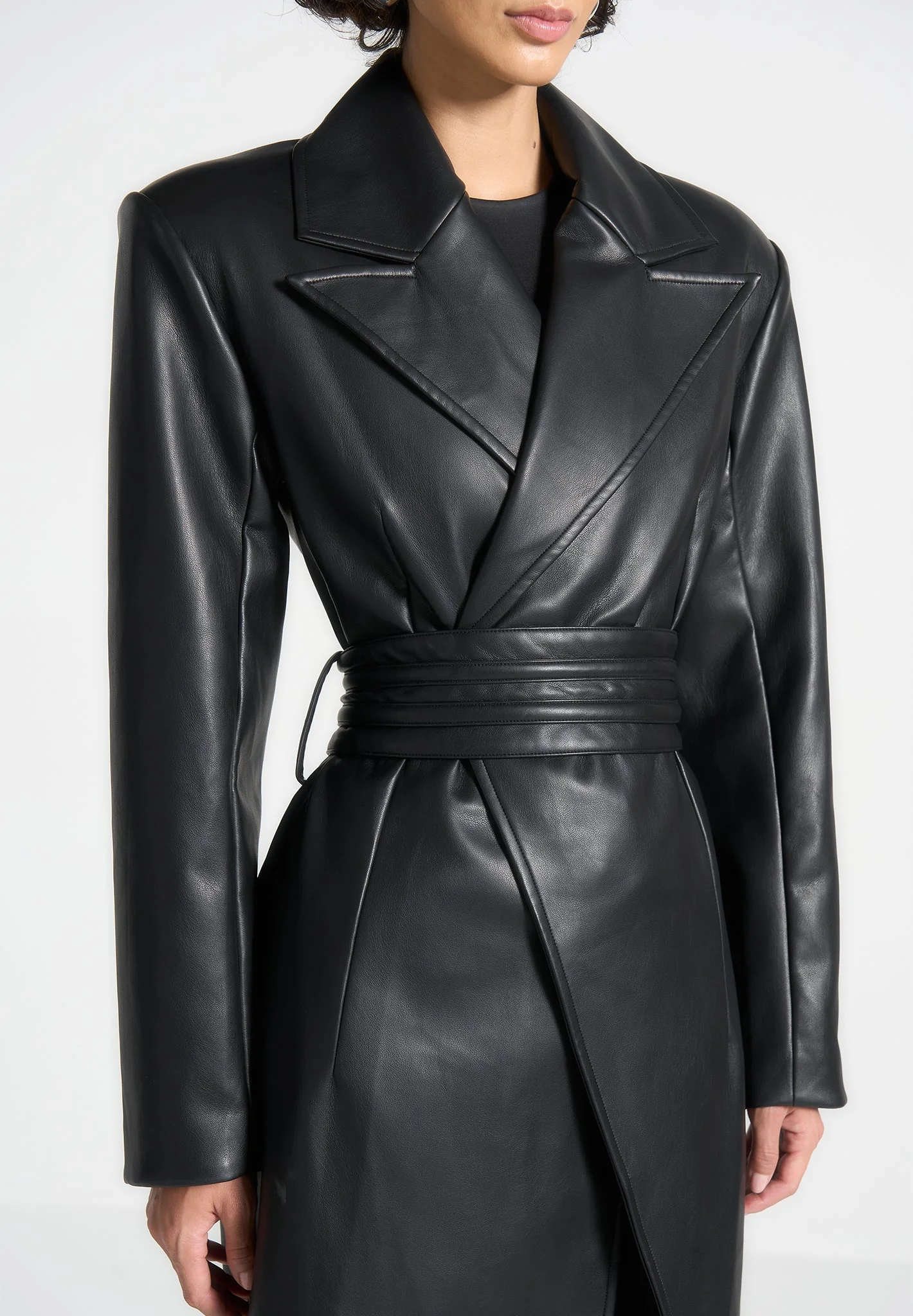 Malya - Leather Asymmetric Belted Coat - Black - Image 2