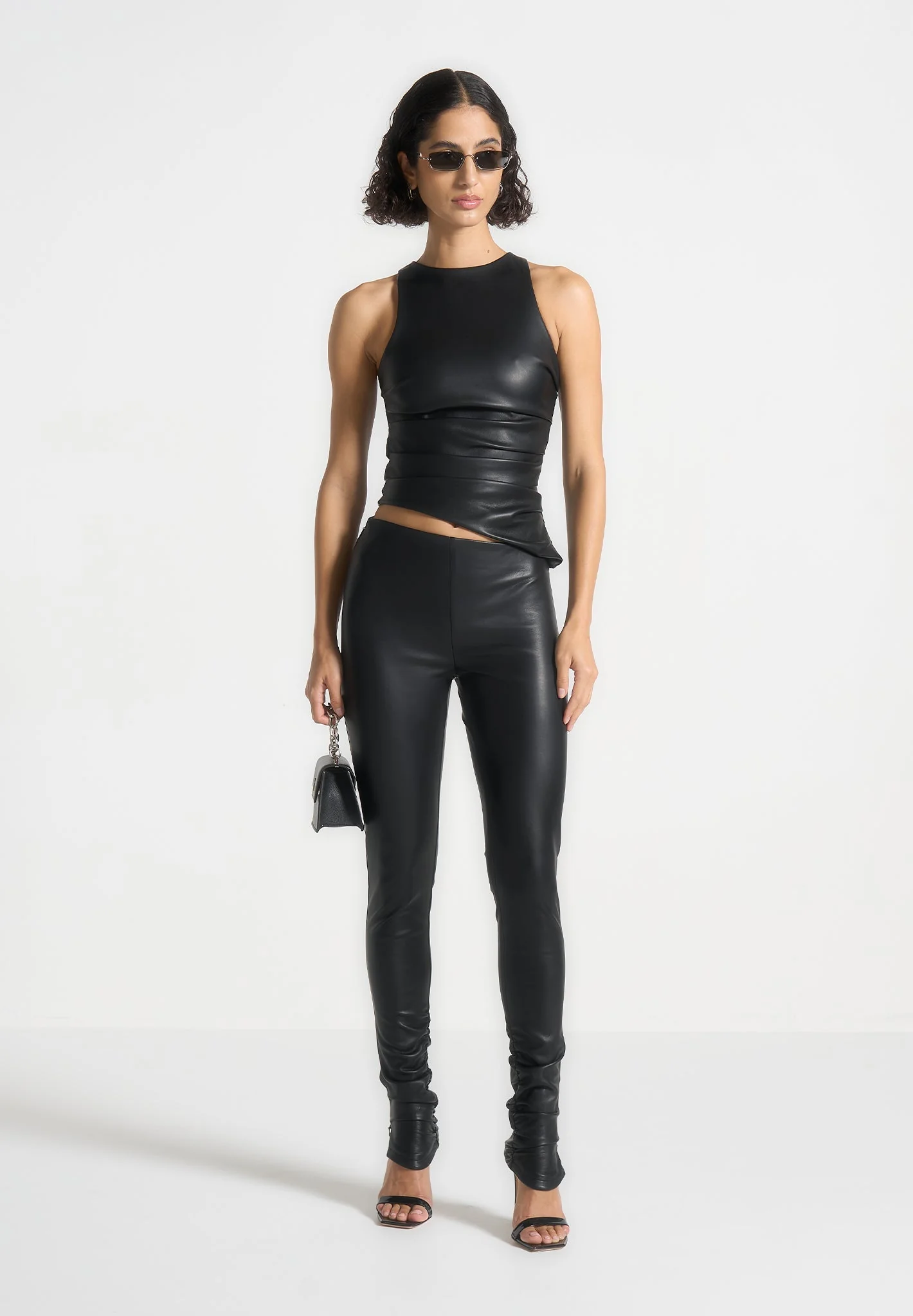 Yolande - Leather Asymmetric Tacked Racer Top - Black