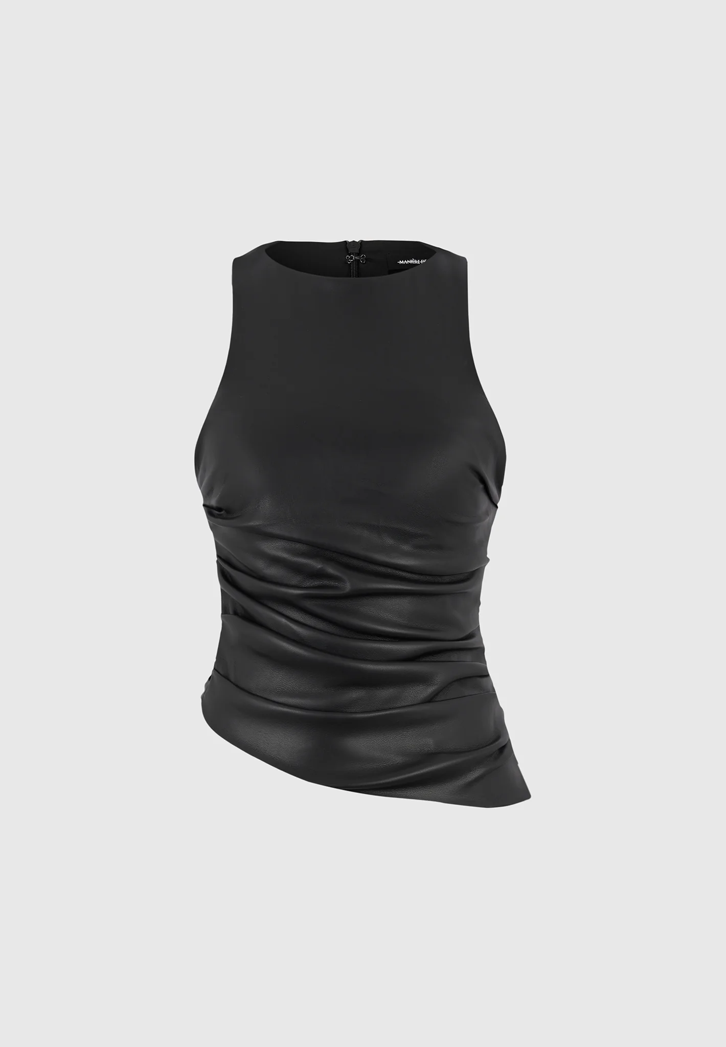 Yolande - Leather Asymmetric Tacked Racer Top - Black - Image 5