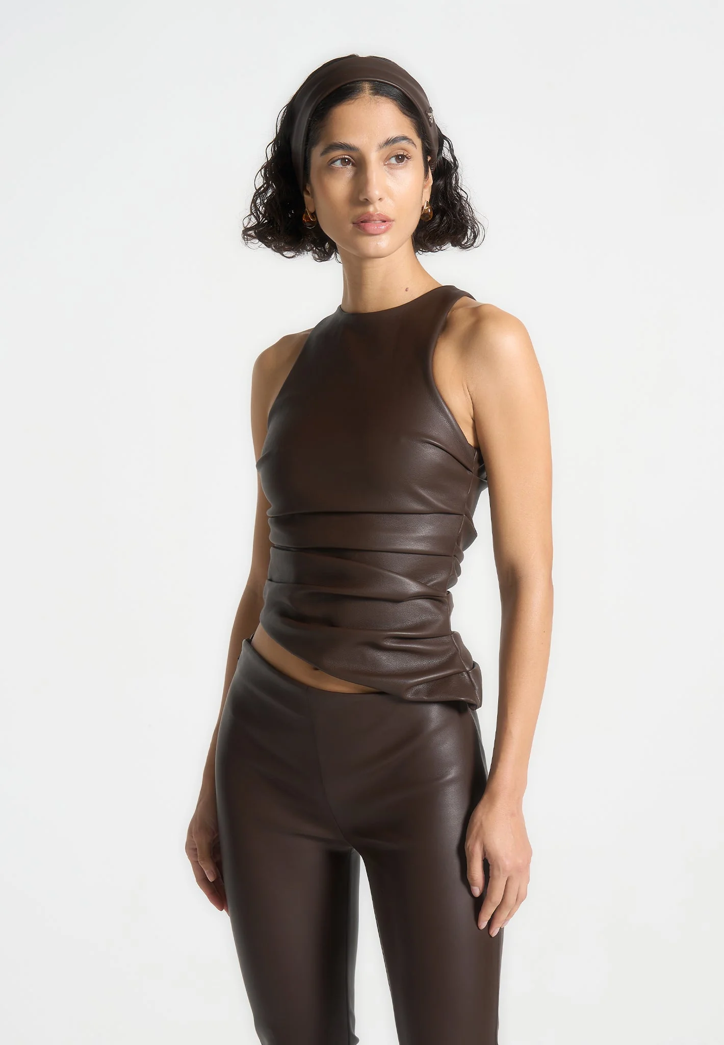 Yolande - Leather Asymmetric Tacked Racer Top - Brown - Image 3