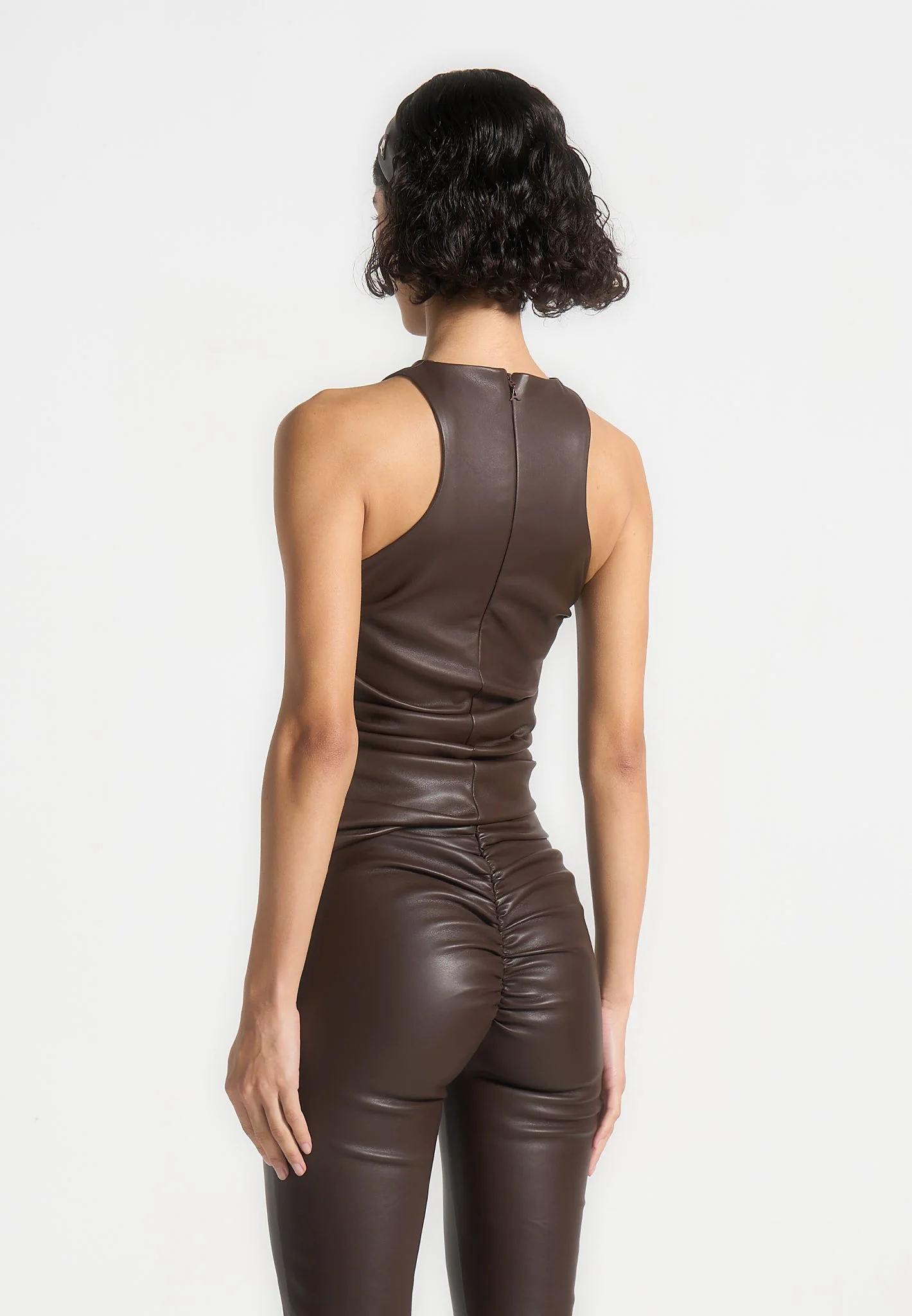 Yolande - Leather Asymmetric Tacked Racer Top - Brown - Image 4