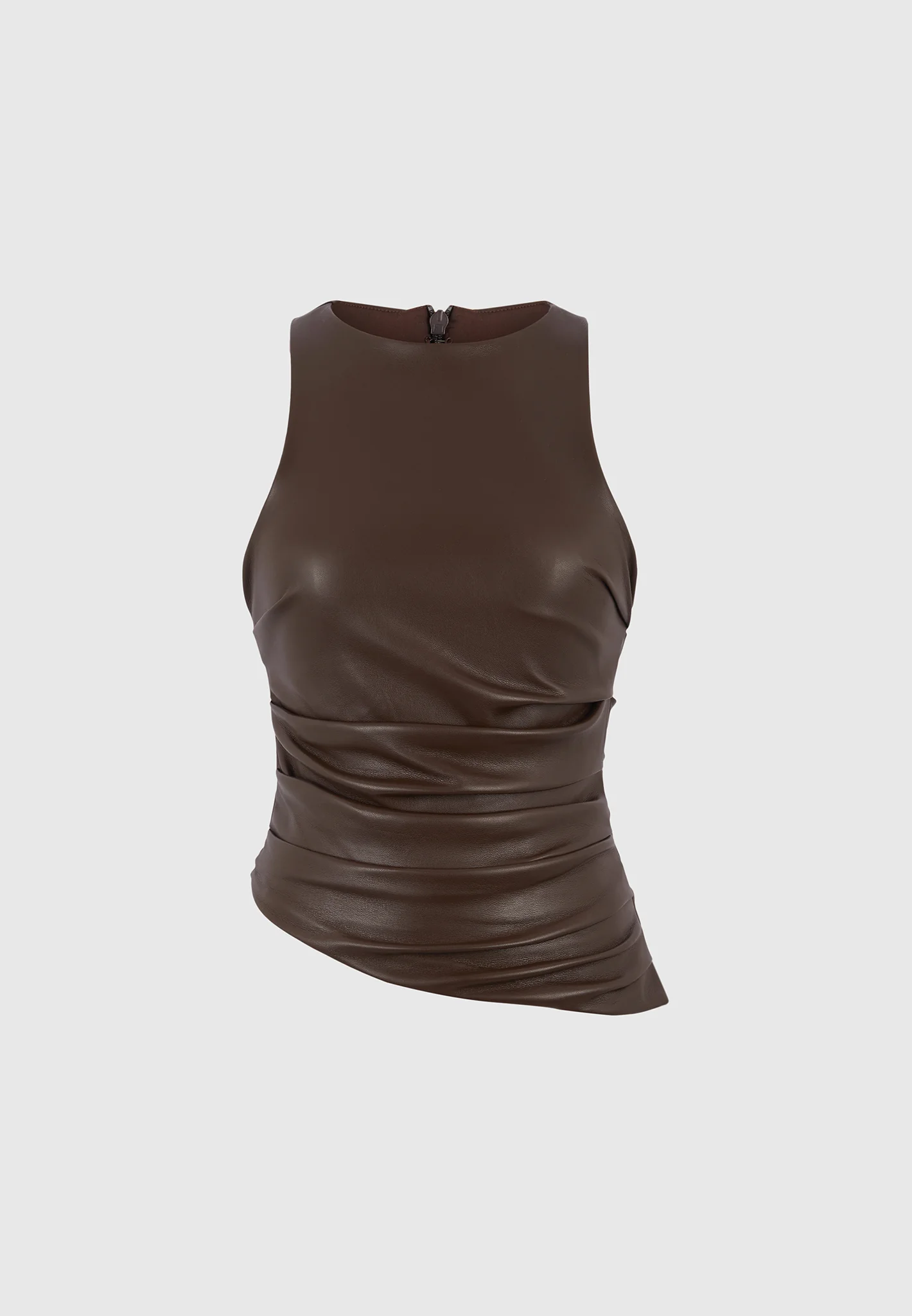 Yolande - Leather Asymmetric Tacked Racer Top - Brown - Image 6