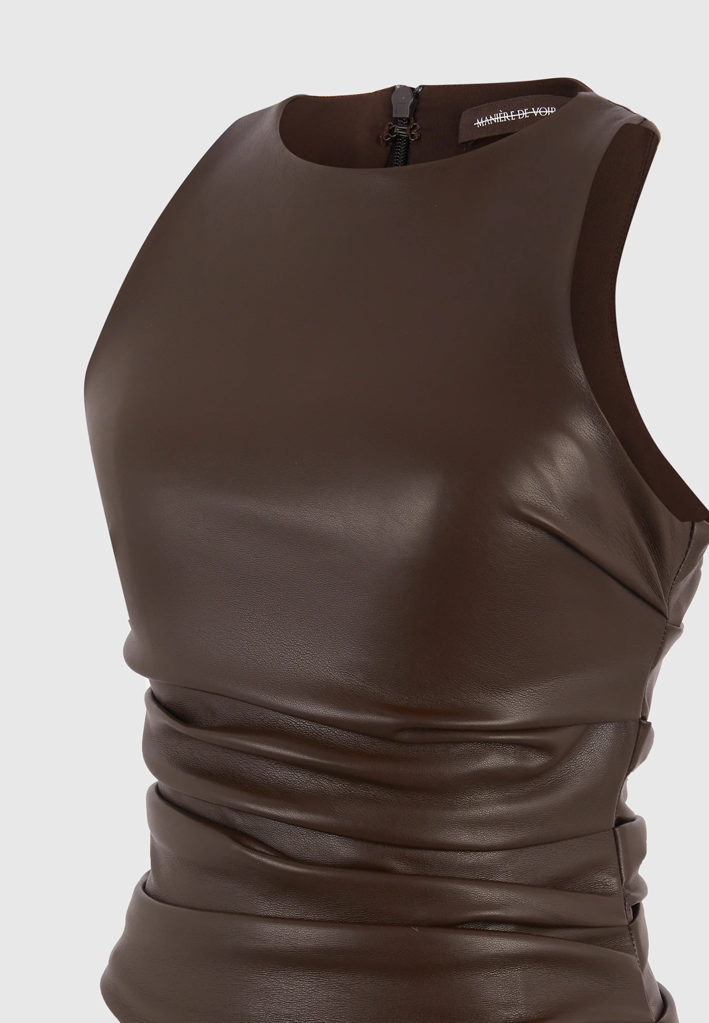 Yolande - Leather Asymmetric Tacked Racer Top - Brown - Image 7