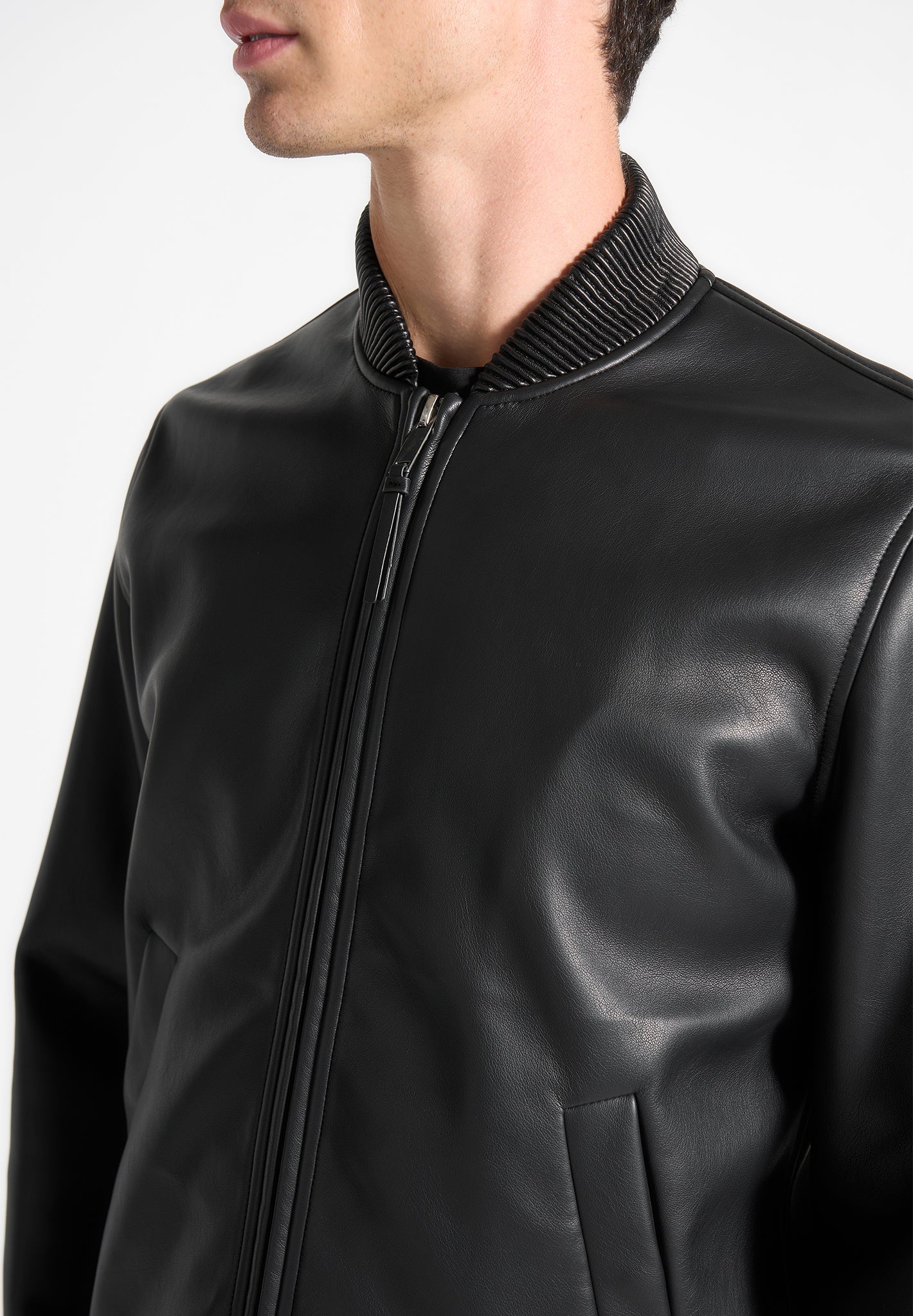 Leather Bomber Jacket - Black - Image 3