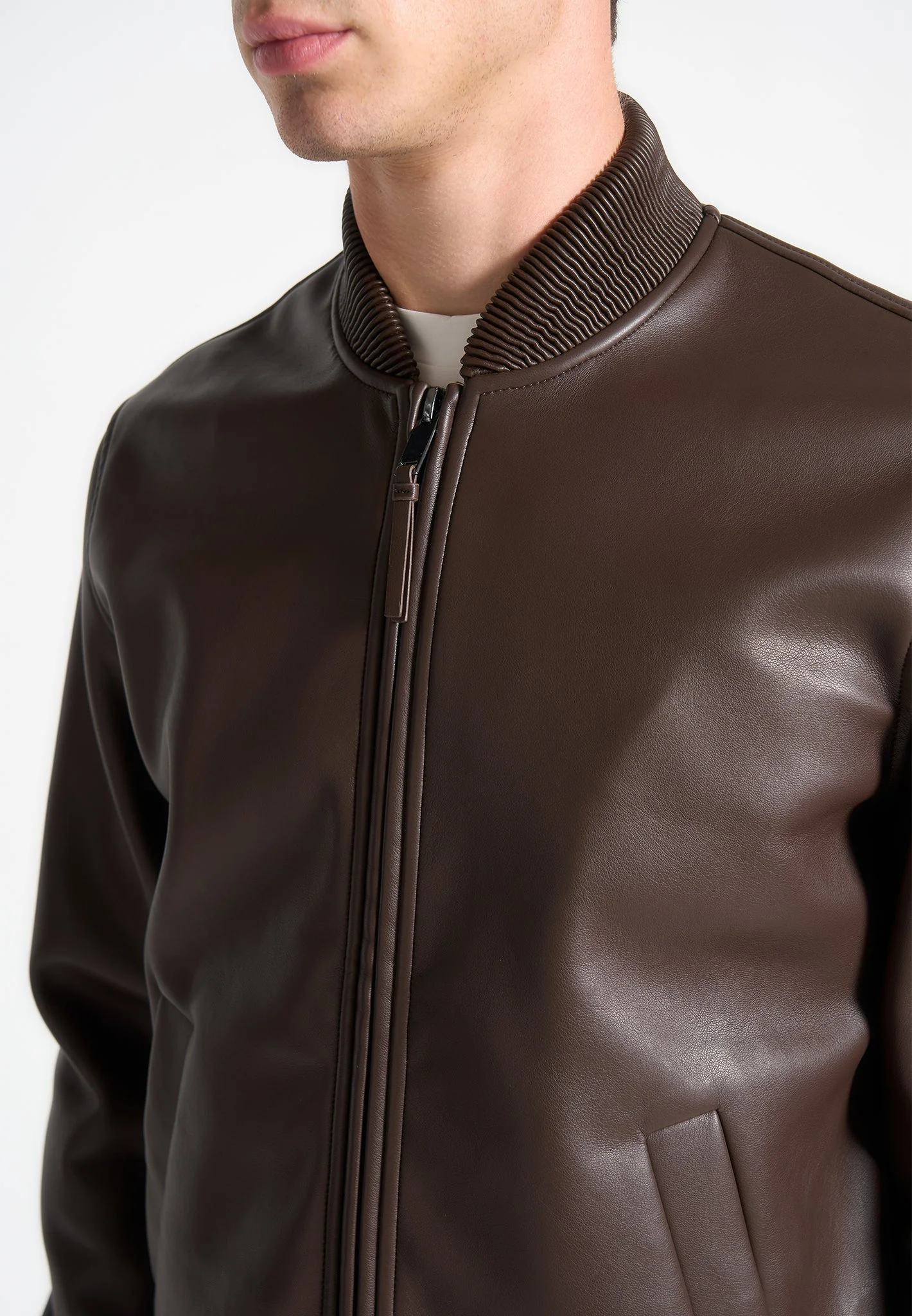 Leather Bomber Jacket - Brown - Image 3