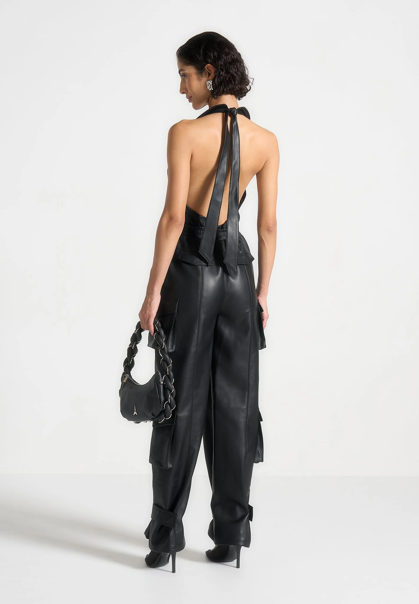 Leather Halterneck Cargo Jumpsuit - Black - Image 2