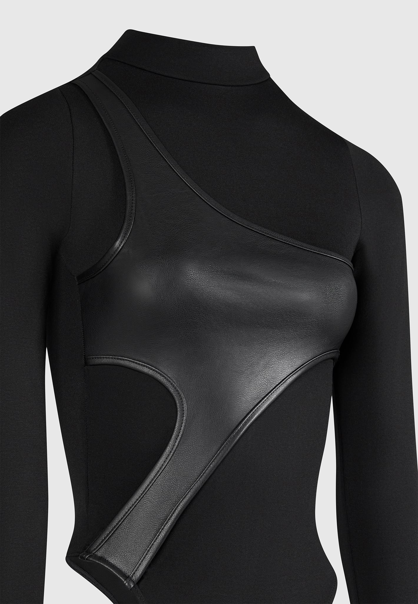 Leather Overlay High Neck Bodysuit - Black - Image 5