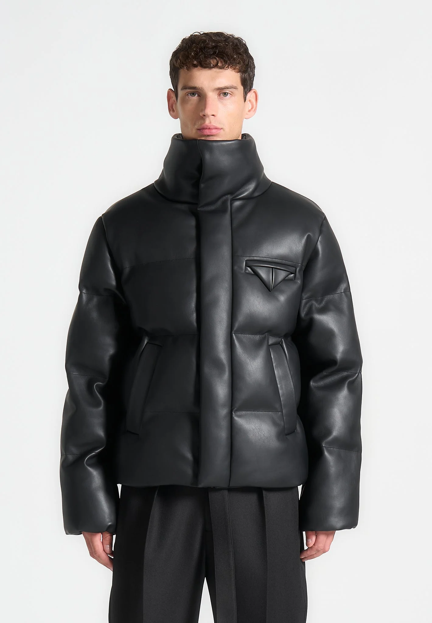 Leather Puffer Jacket - Black - Image 3