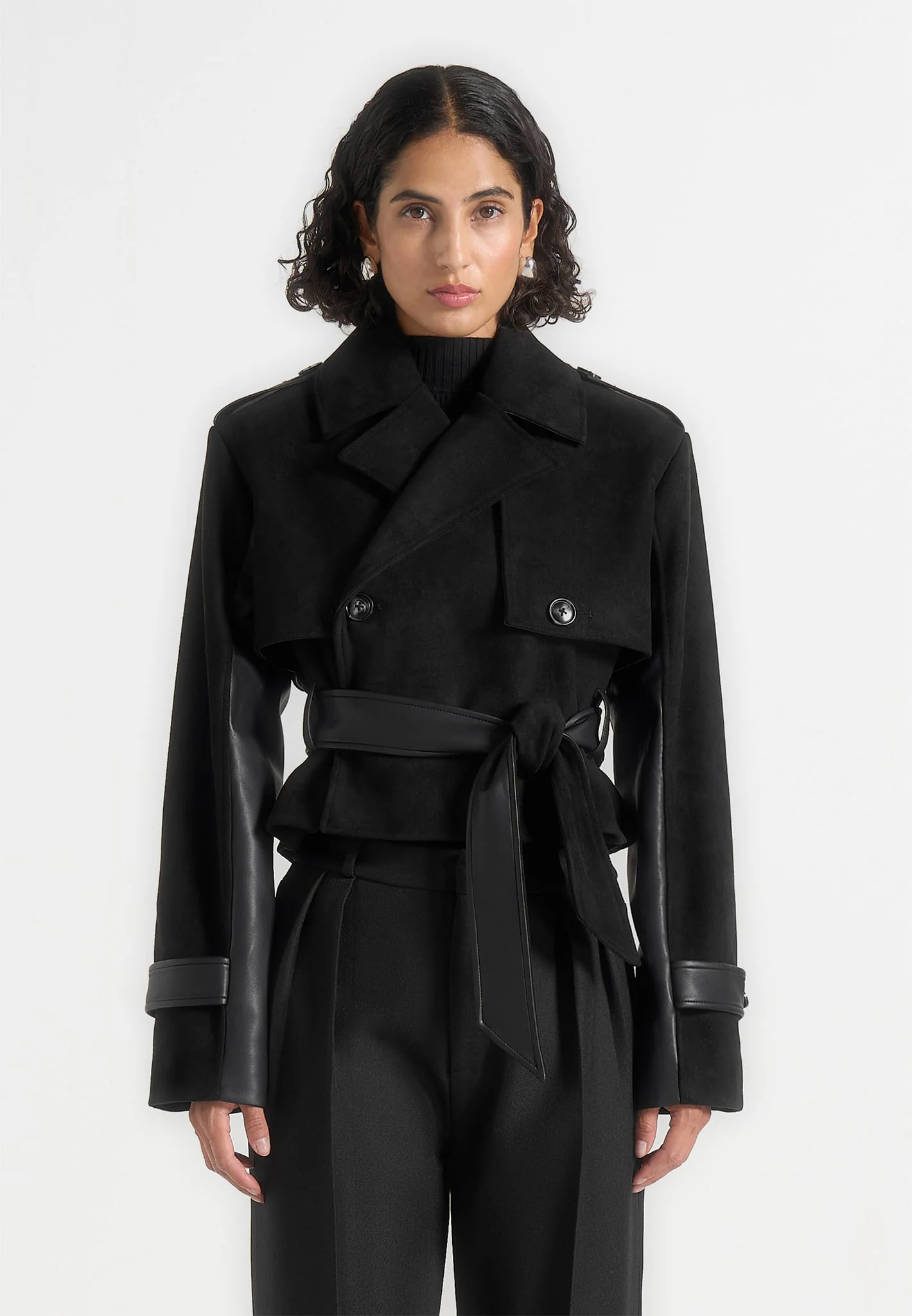 Lelia - Cropped Suede Trench Coat With Belt - Black - Image 3