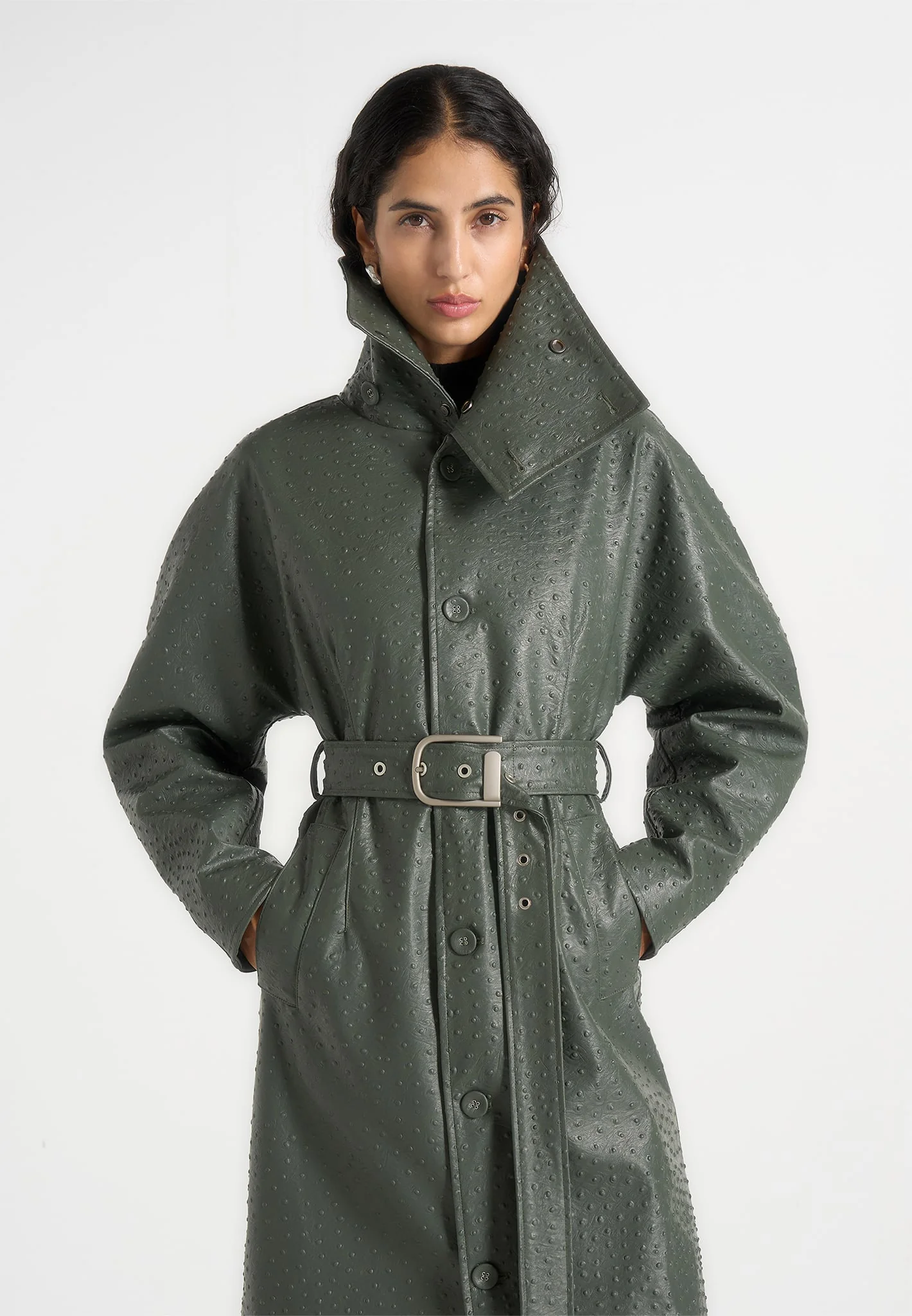 Leyna - Ostrich Hourglass Belted Coat - Olive - Image 2