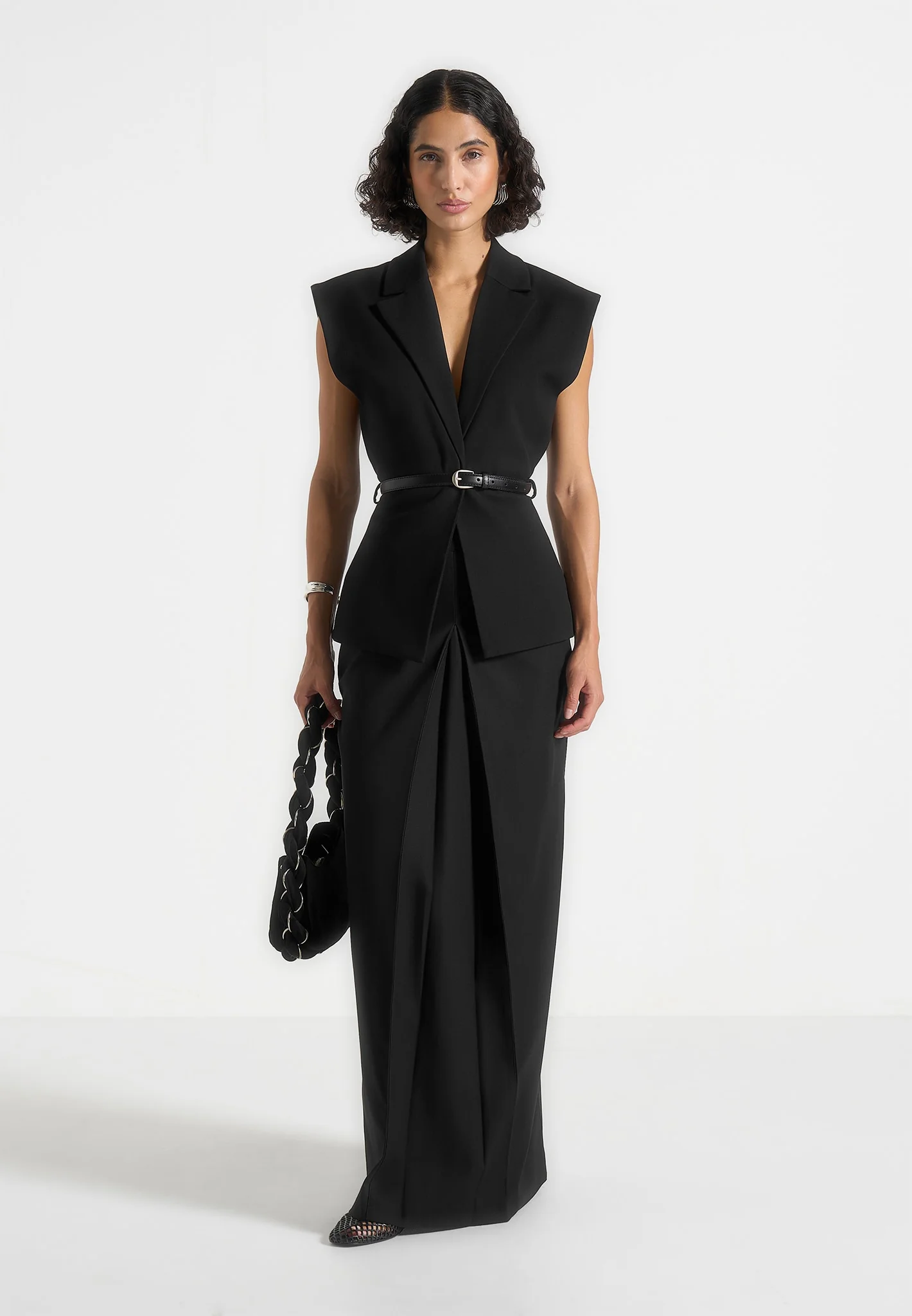 Linda - Tailored Wide Shoulder Cinched Waistcoat - Black - Image 4