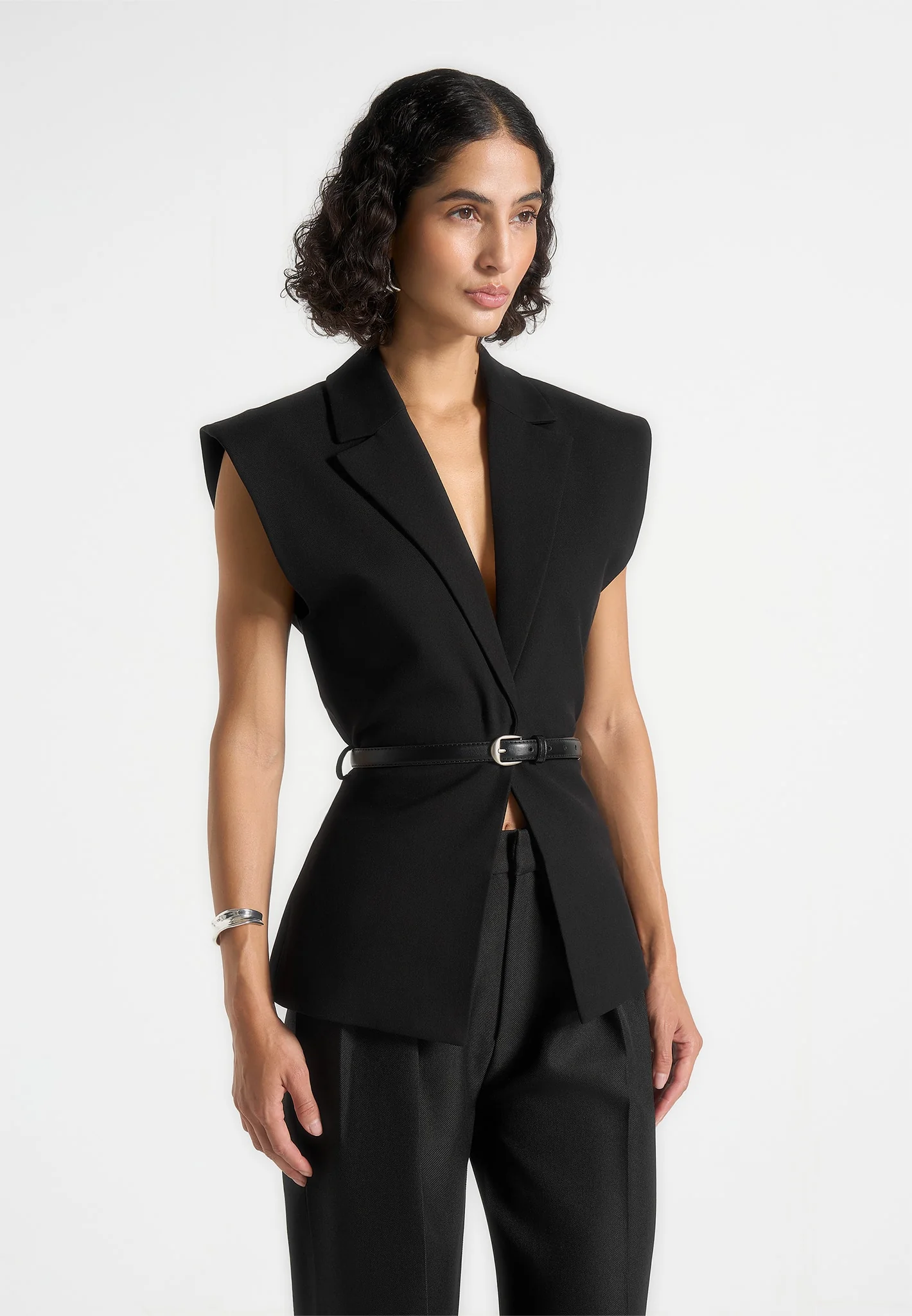 Linda - Tailored Wide Shoulder Cinched Waistcoat - Black - Image 5