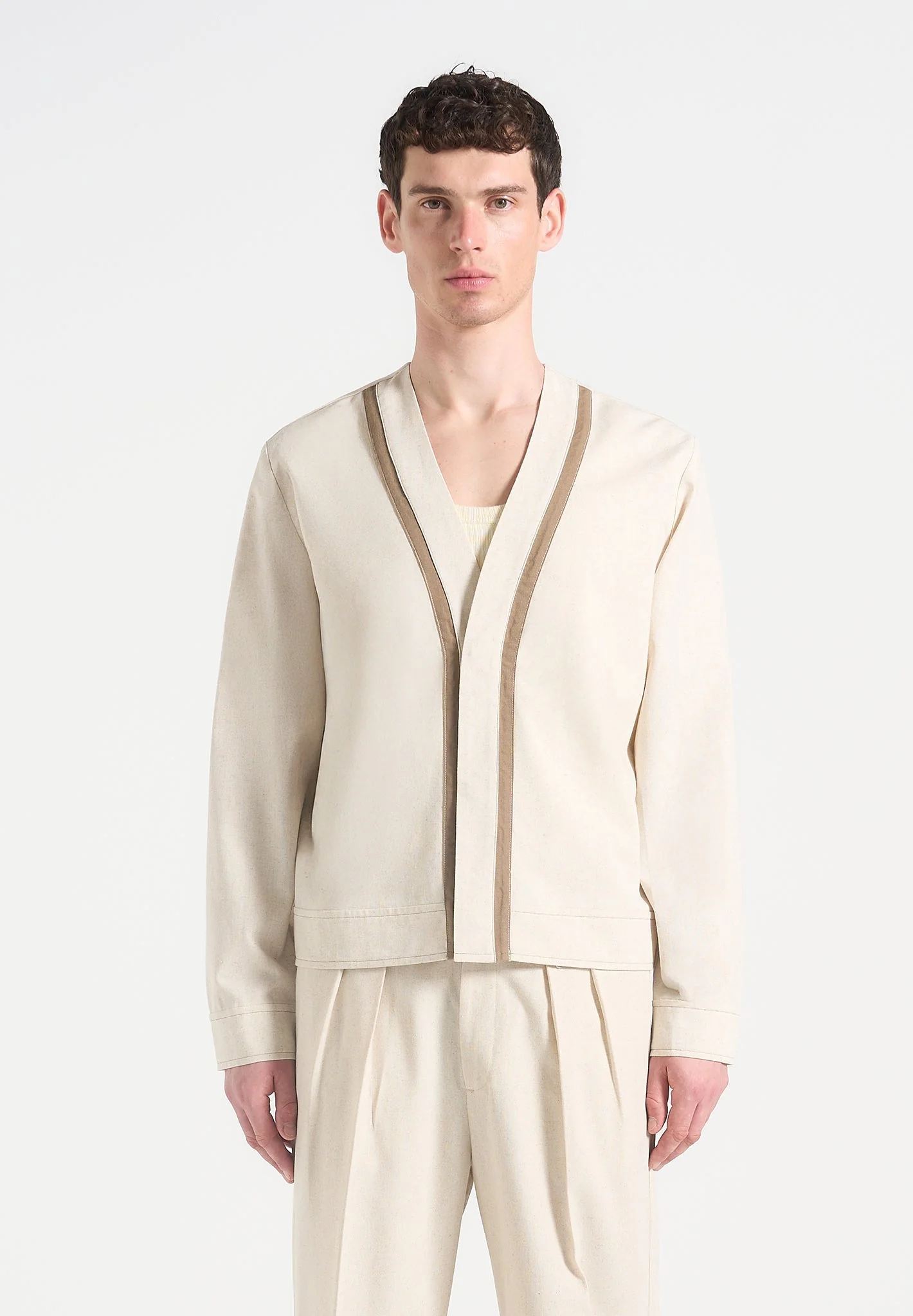 Alain - Linen Cardigan with Contrast Placket - Natural - Image 5